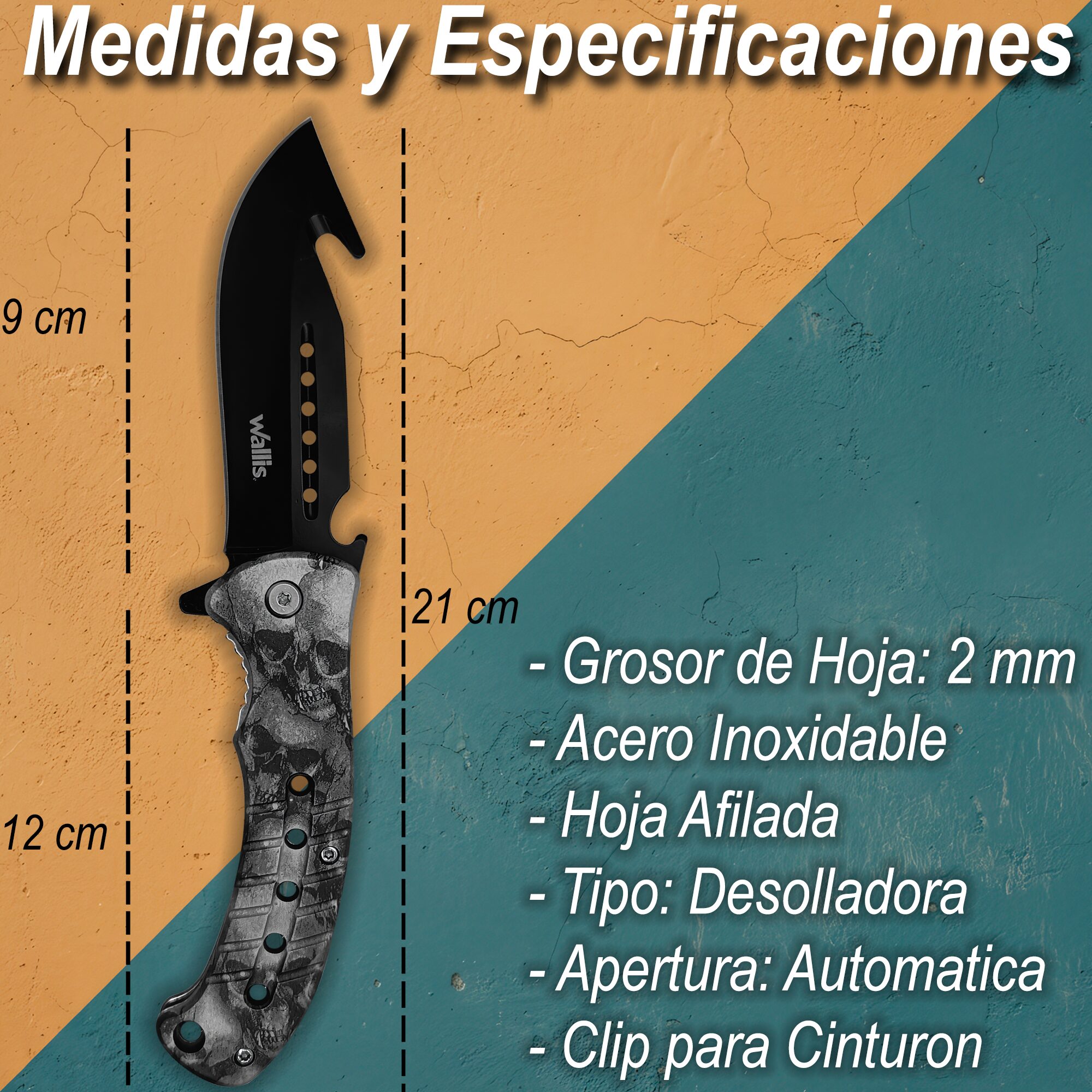 Navaja Automática Wallis modelo K900666 con diseño de calaveras negras hoja de acero inoxidable y clip para cinturón uso rudo Navaja Automática de caza Wallis con hoja desolladora de 9 cm acero inoxidable y mango táctico con diseño calaveras