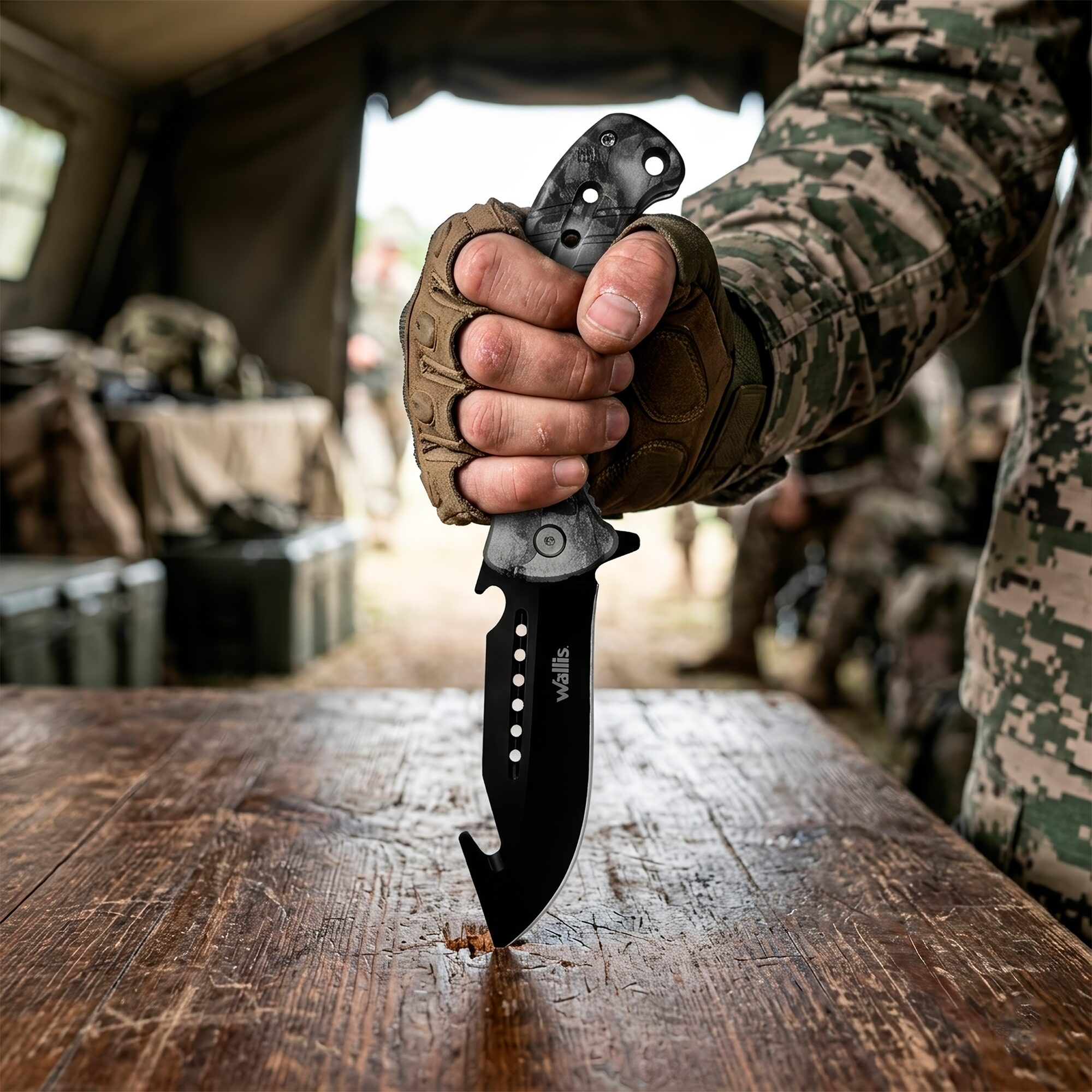Navaja Automática Wallis modelo K900666 con diseño de calaveras negras hoja de acero inoxidable y clip para cinturón uso rudo Navaja Automática de caza Wallis con hoja desolladora de 9 cm acero inoxidable y mango táctico con diseño calaveras