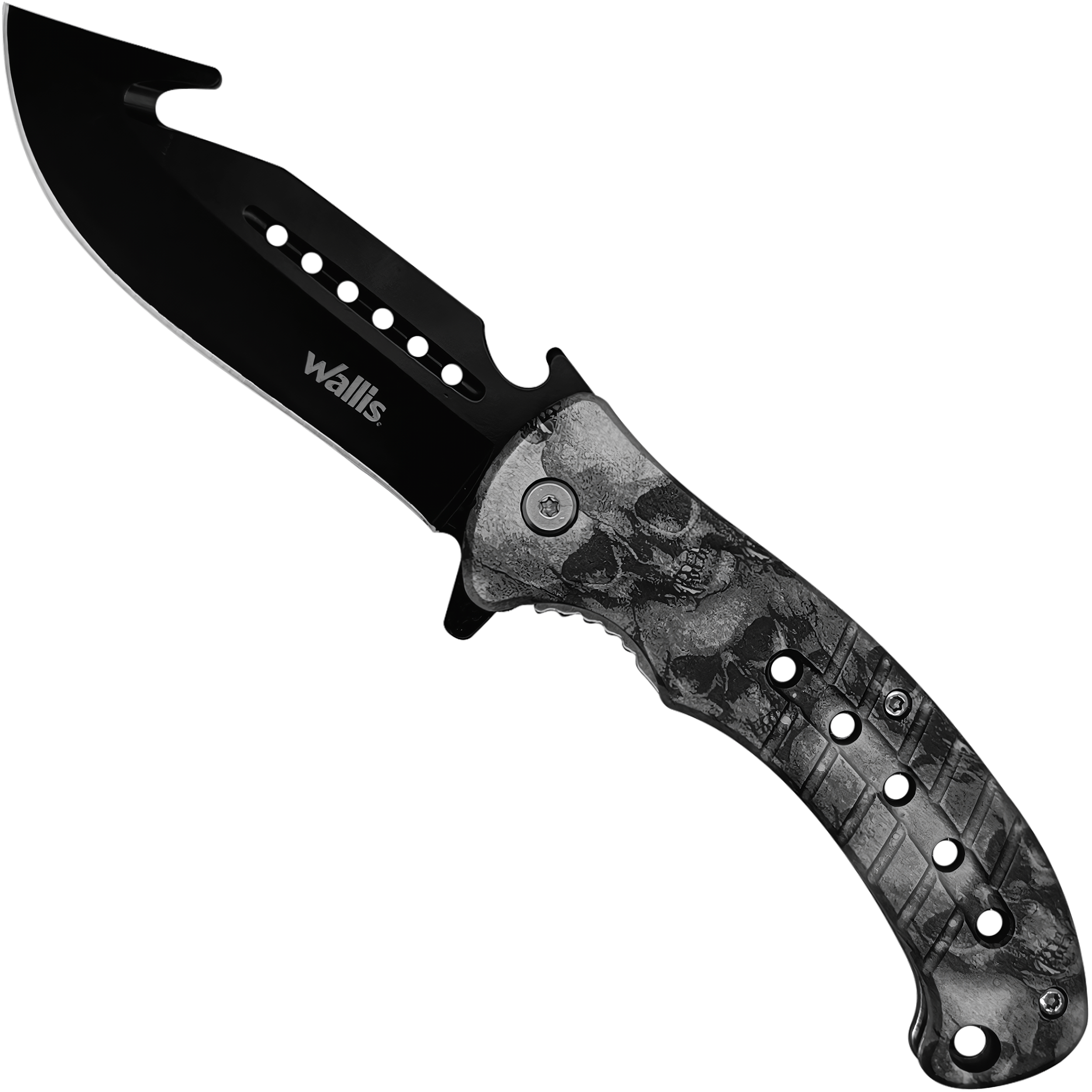 Navaja Automática Wallis modelo K900666 con diseño de calaveras negras hoja de acero inoxidable y clip para cinturón uso rudo Navaja Automática de caza Wallis con hoja desolladora de 9 cm acero inoxidable y mango táctico con diseño calaveras