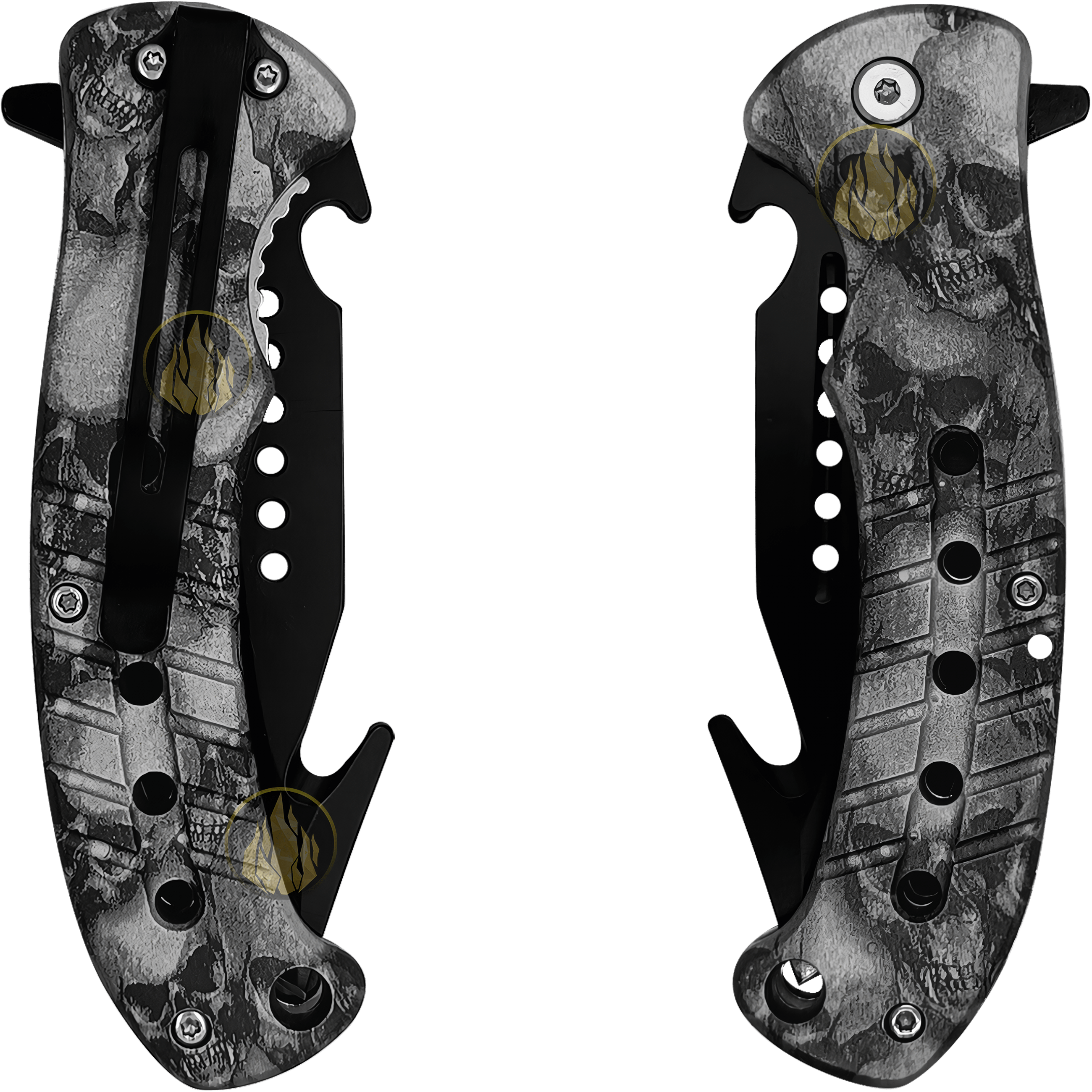 Navaja Automática Wallis modelo K900666 con diseño de calaveras negras hoja de acero inoxidable y clip para cinturón uso rudo Navaja Automática de caza Wallis con hoja desolladora de 9 cm acero inoxidable y mango táctico con diseño calaveras