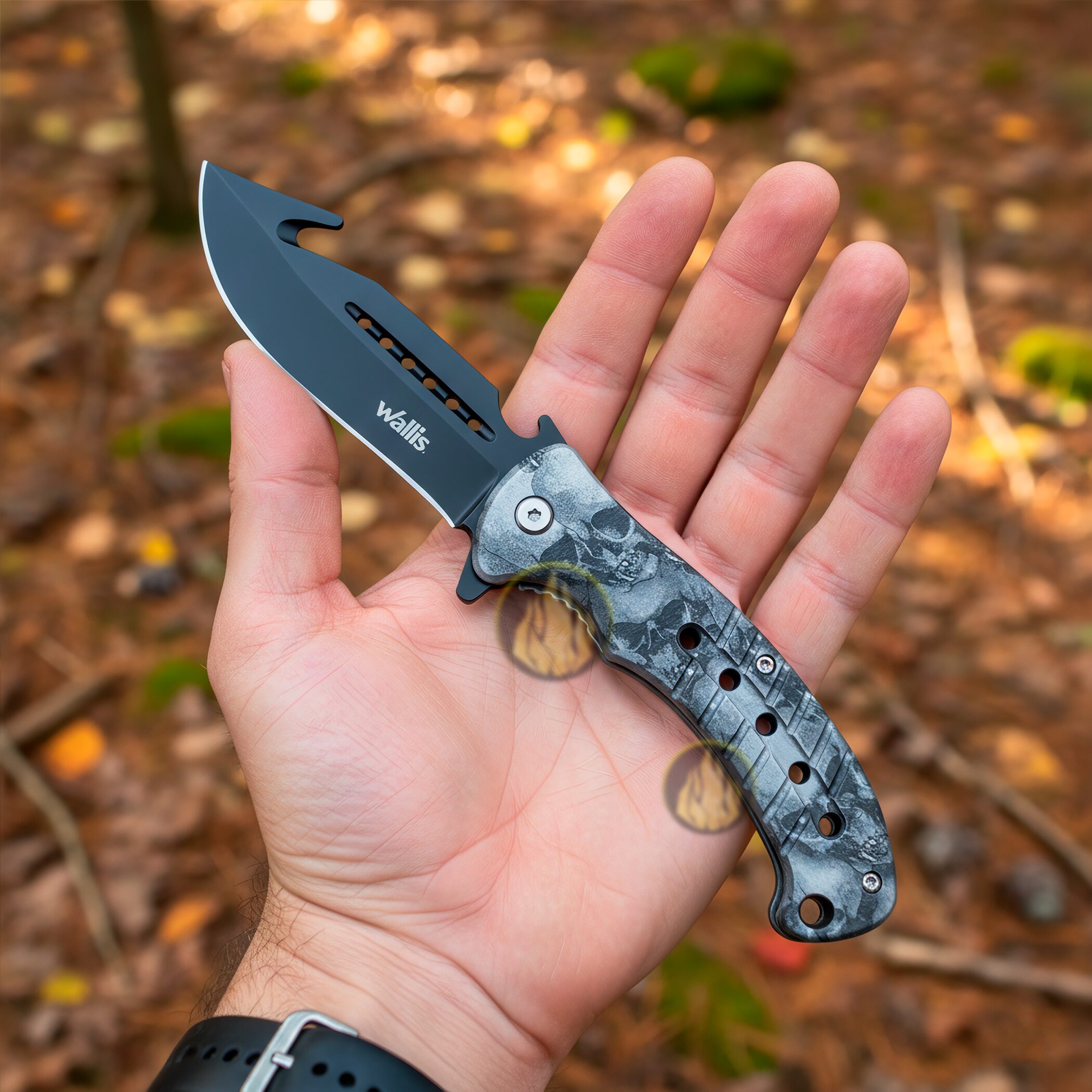 Navaja Automática Wallis modelo K900666 con diseño de calaveras negras hoja de acero inoxidable y clip para cinturón uso rudo Navaja Automática de caza Wallis con hoja desolladora de 9 cm acero inoxidable y mango táctico con diseño calaveras