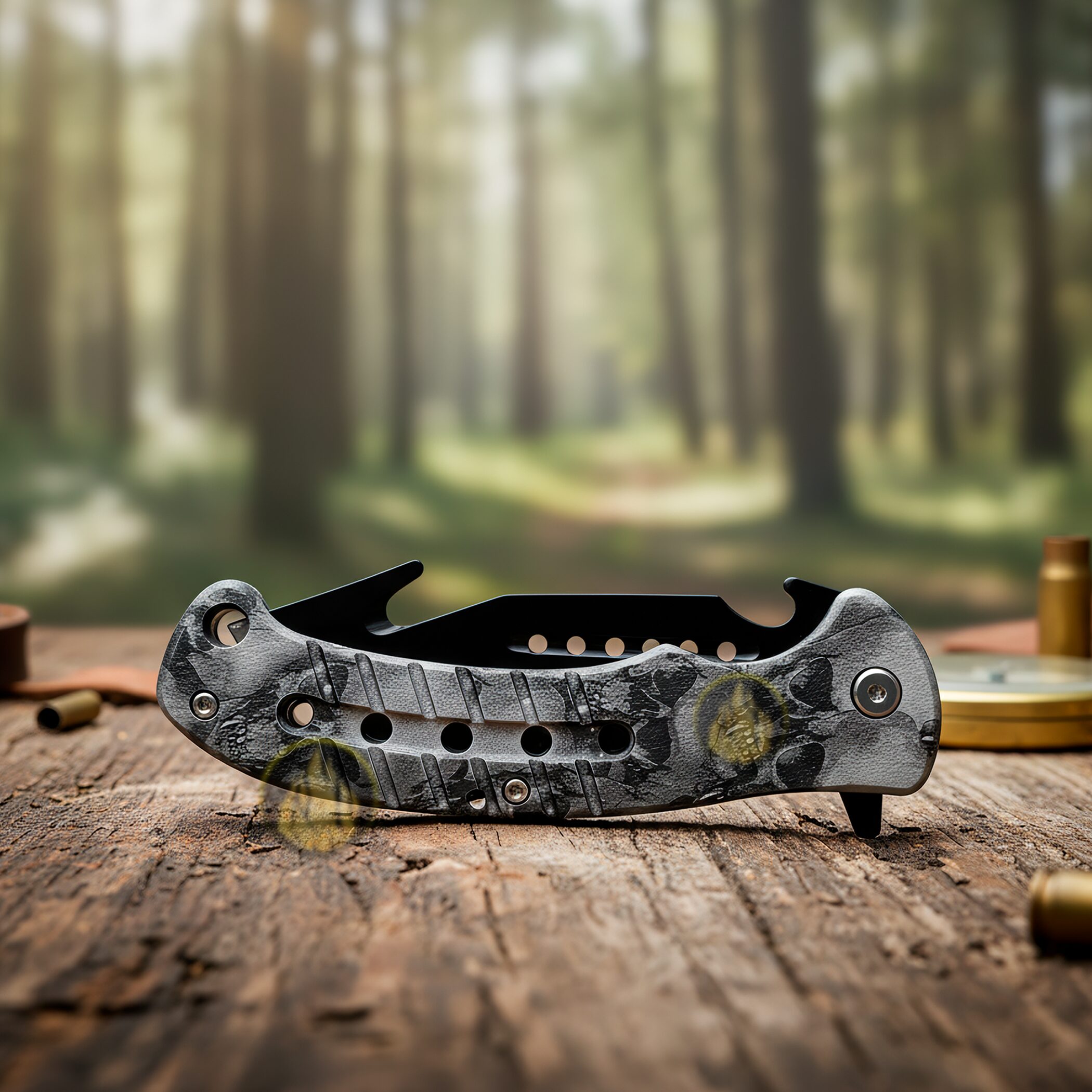 Navaja Automática Wallis modelo K900666 con diseño de calaveras negras hoja de acero inoxidable y clip para cinturón uso rudo Navaja Automática de caza Wallis con hoja desolladora de 9 cm acero inoxidable y mango táctico con diseño calaveras