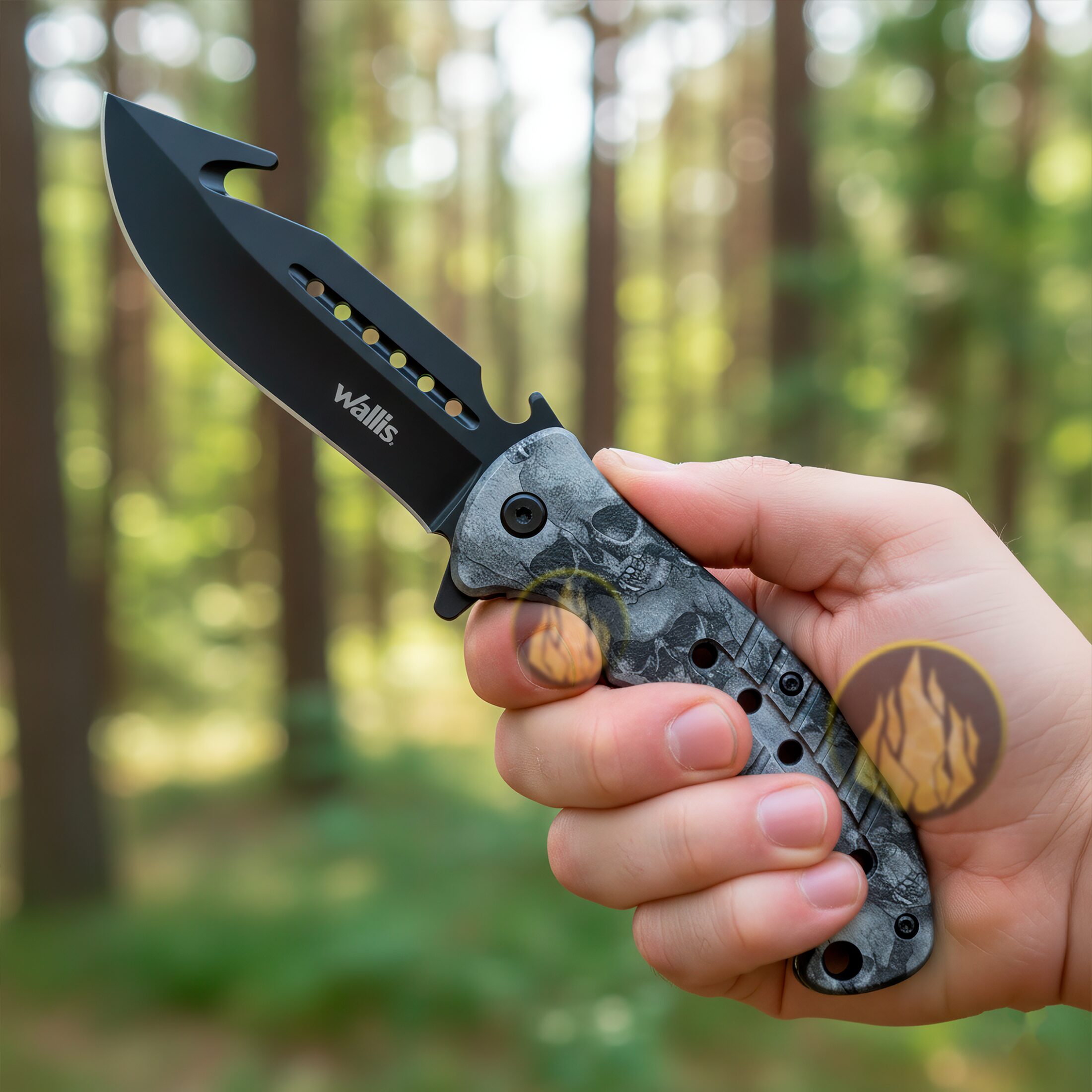 Navaja Automática Wallis modelo K900666 con diseño de calaveras negras hoja de acero inoxidable y clip para cinturón uso rudo Navaja Automática de caza Wallis con hoja desolladora de 9 cm acero inoxidable y mango táctico con diseño calaveras