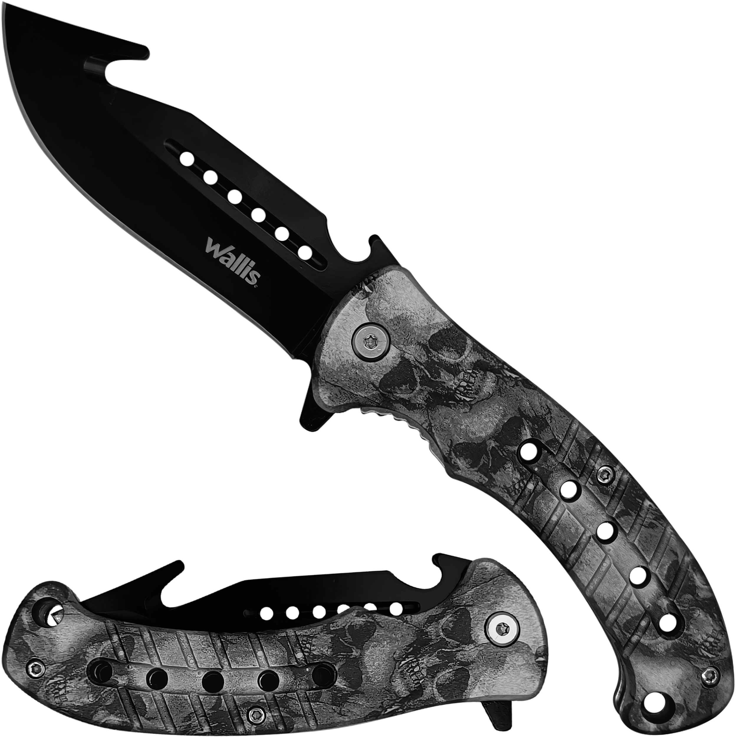 Navaja Automática Wallis modelo K900666 con diseño de calaveras negras hoja de acero inoxidable y clip para cinturón uso rudo Navaja Automática de caza Wallis con hoja desolladora de 9 cm acero inoxidable y mango táctico con diseño calaveras