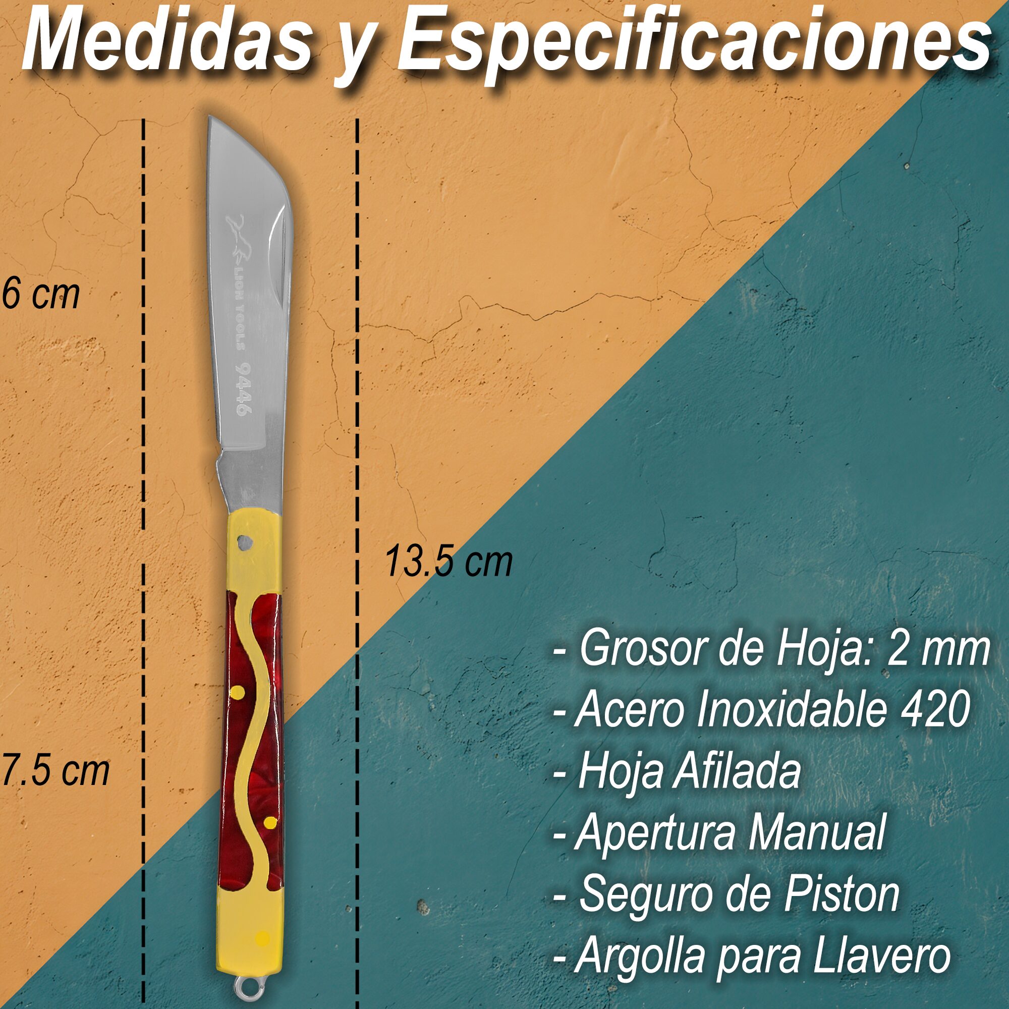 Navaja Cachas Concha Roja Lion Tools de bolsillo con hoja de acero inoxidable 420, mango tipo concha perla roja y apertura manual. Navaja Cachas Concha Roja marca Lion Tools modelo 9446 con hoja afilada de acero inoxidable 420 y mango decorativo tipo concha roja.