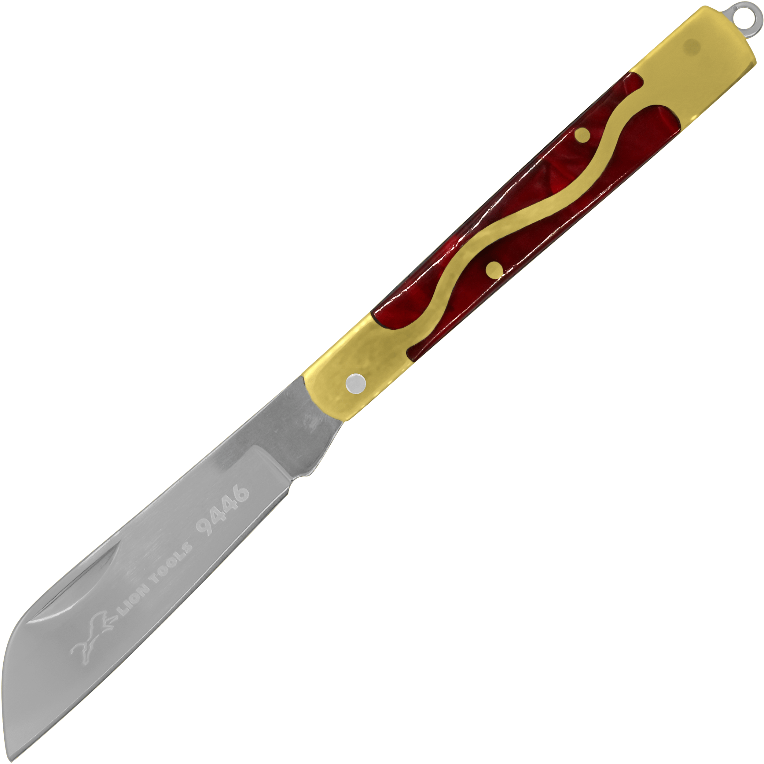 Navaja Cachas Concha Roja Lion Tools de bolsillo con hoja de acero inoxidable 420, mango tipo concha perla roja y apertura manual. Navaja Cachas Concha Roja marca Lion Tools modelo 9446 con hoja afilada de acero inoxidable 420 y mango decorativo tipo concha roja.