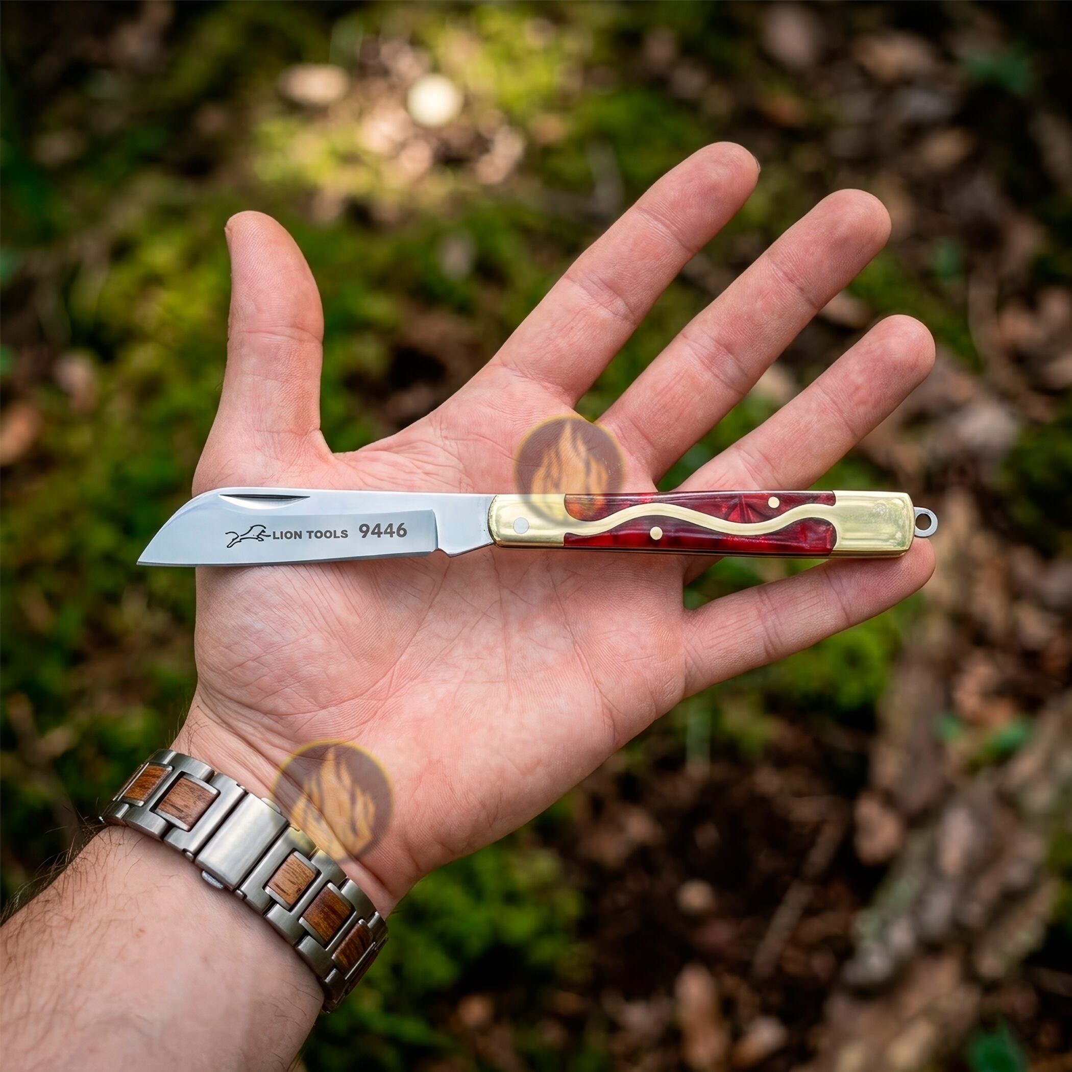 Navaja Cachas Concha Roja Lion Tools de bolsillo con hoja de acero inoxidable 420, mango tipo concha perla roja y apertura manual. Navaja Cachas Concha Roja marca Lion Tools modelo 9446 con hoja afilada de acero inoxidable 420 y mango decorativo tipo concha roja.