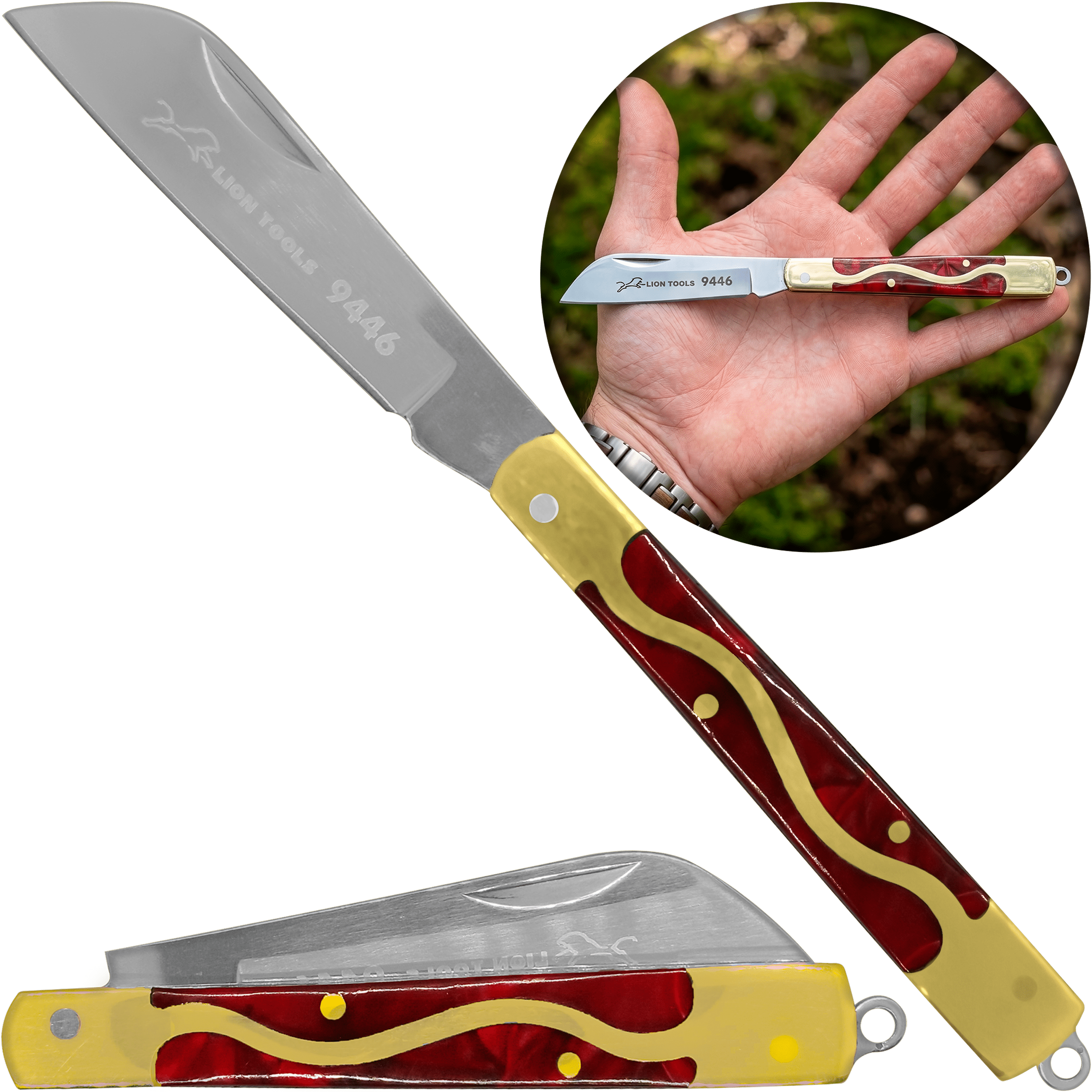 Navaja Cachas Concha Roja Lion Tools de bolsillo con hoja de acero inoxidable 420, mango tipo concha perla roja y apertura manual. Navaja Cachas Concha Roja marca Lion Tools modelo 9446 con hoja afilada de acero inoxidable 420 y mango decorativo tipo concha roja.