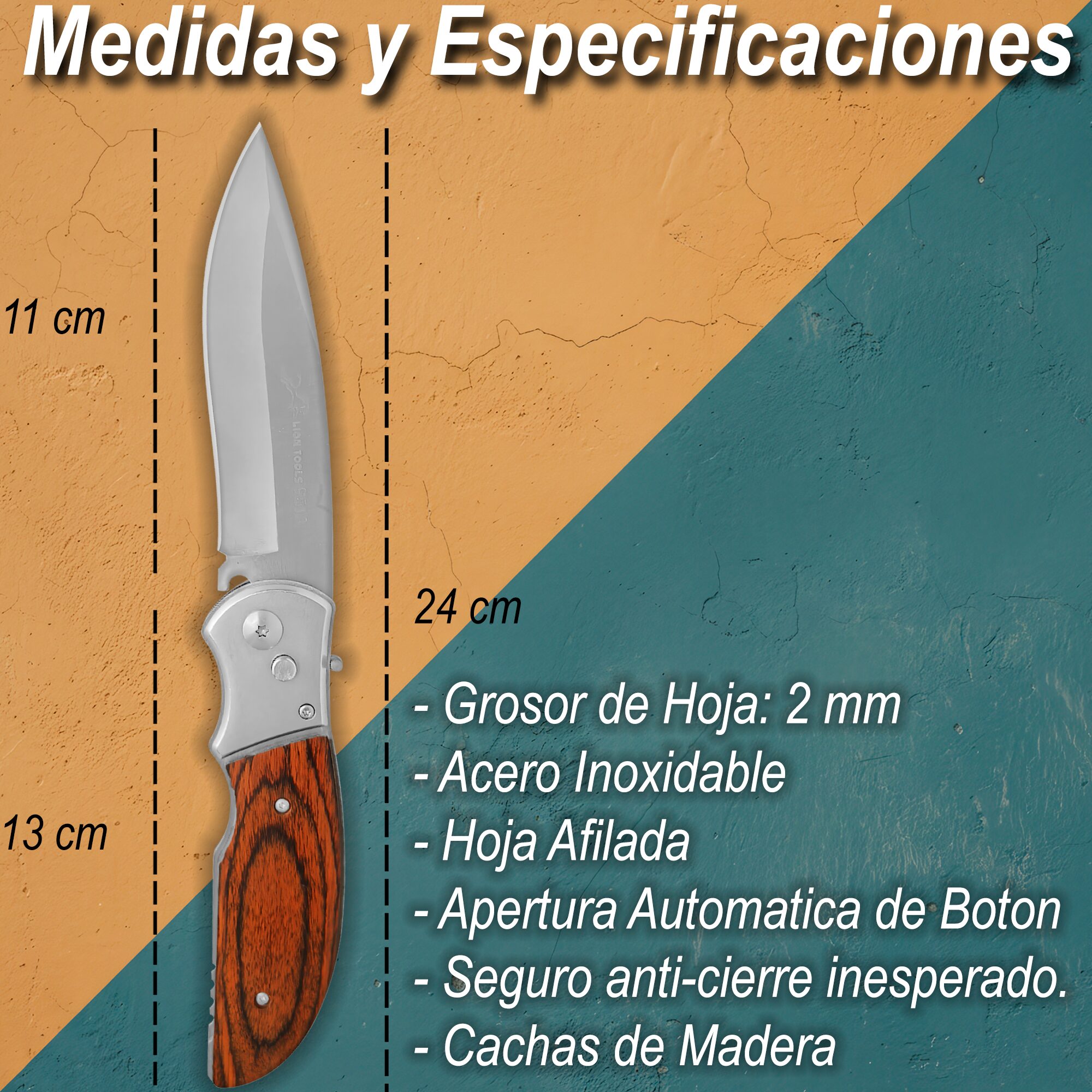 Navaja Cachas De Madera Automática Lion Tools con hoja de acero inoxidable y apertura automática uso rudo Navaja Cachas De Madera Automática marca Lion Tools modelo 9513 con mango de madera y diseño resistente