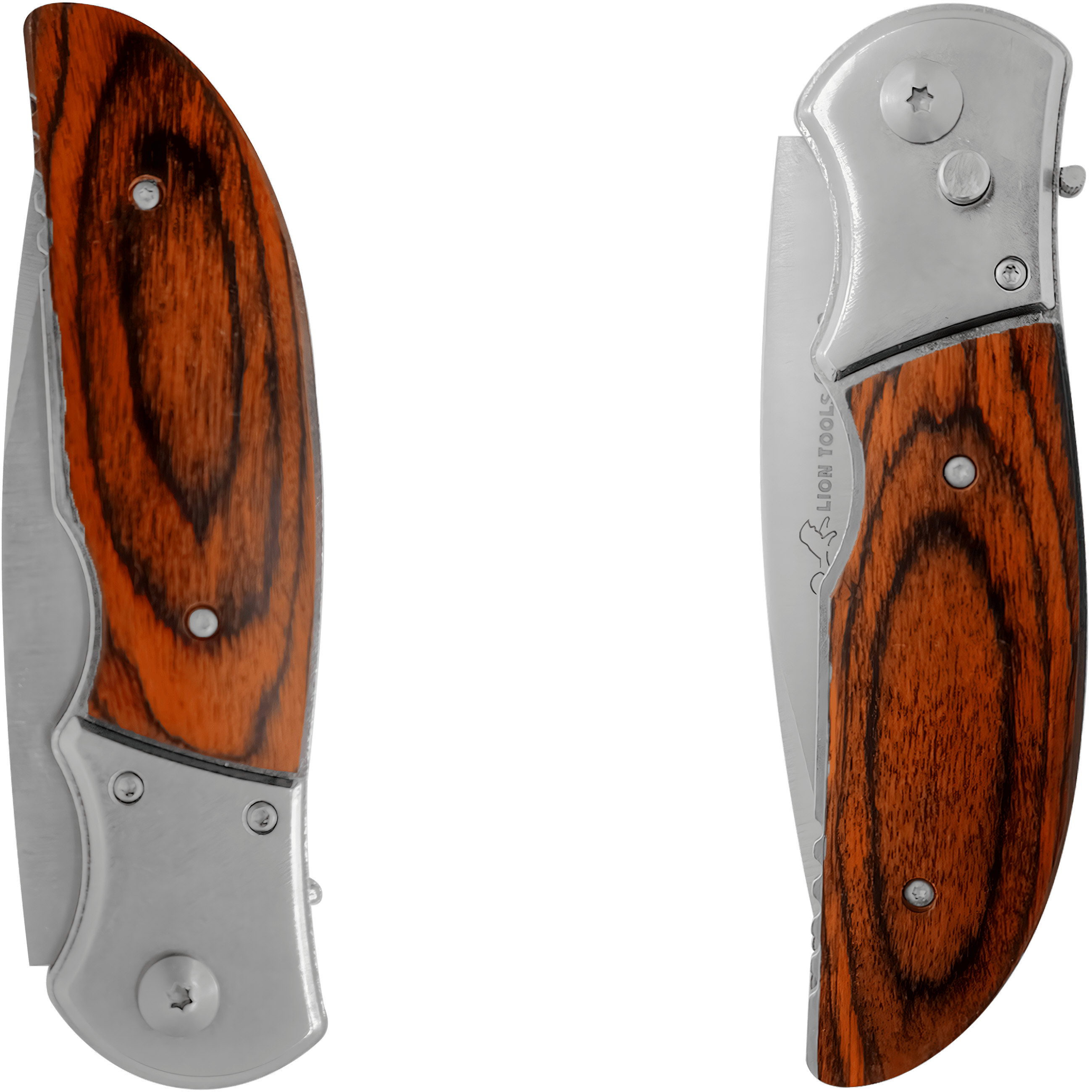 Navaja Cachas De Madera Automática Lion Tools con hoja de acero inoxidable y apertura automática uso rudo Navaja Cachas De Madera Automática marca Lion Tools modelo 9513 con mango de madera y diseño resistente