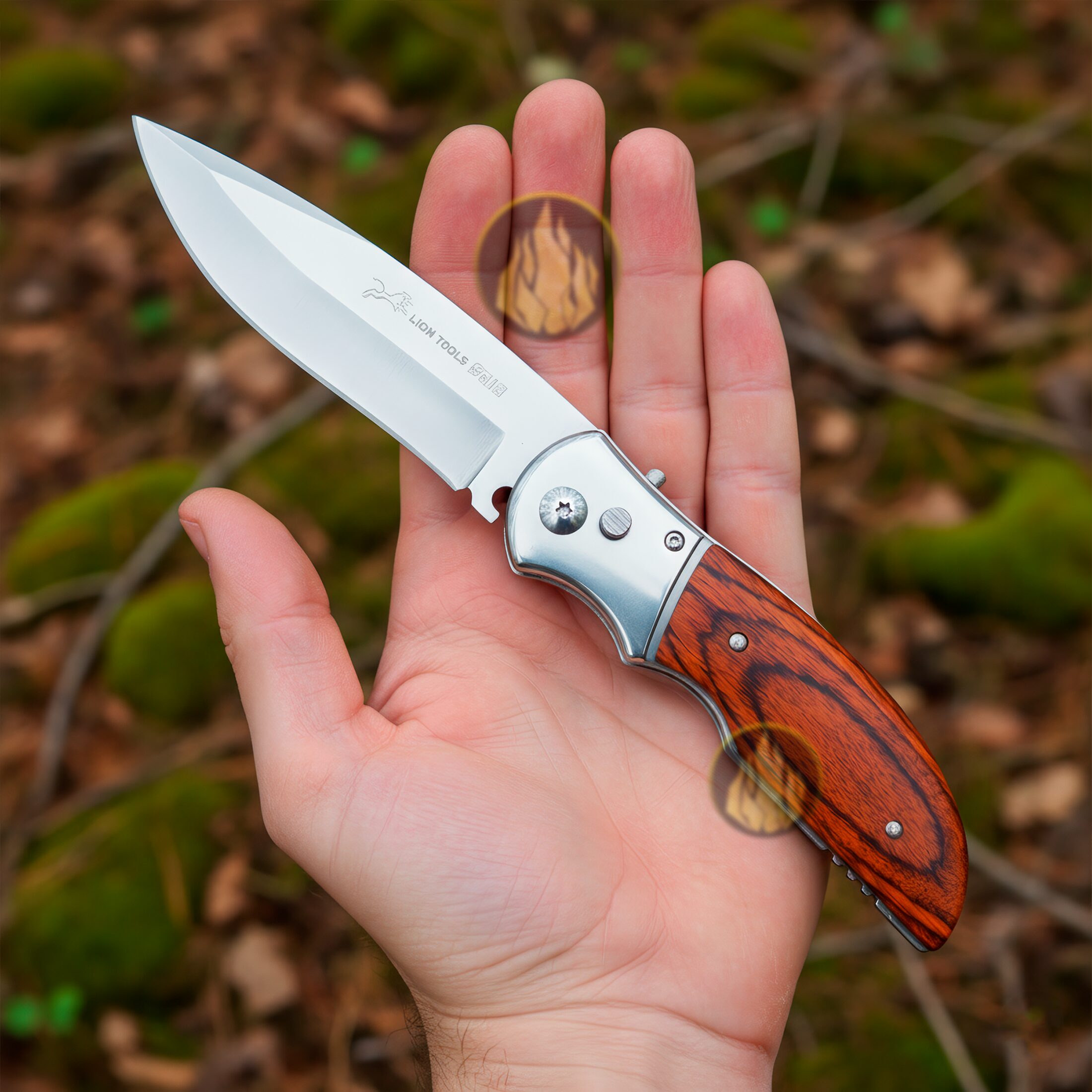 Navaja Cachas De Madera Automática Lion Tools con hoja de acero inoxidable y apertura automática uso rudo Navaja Cachas De Madera Automática marca Lion Tools modelo 9513 con mango de madera y diseño resistente