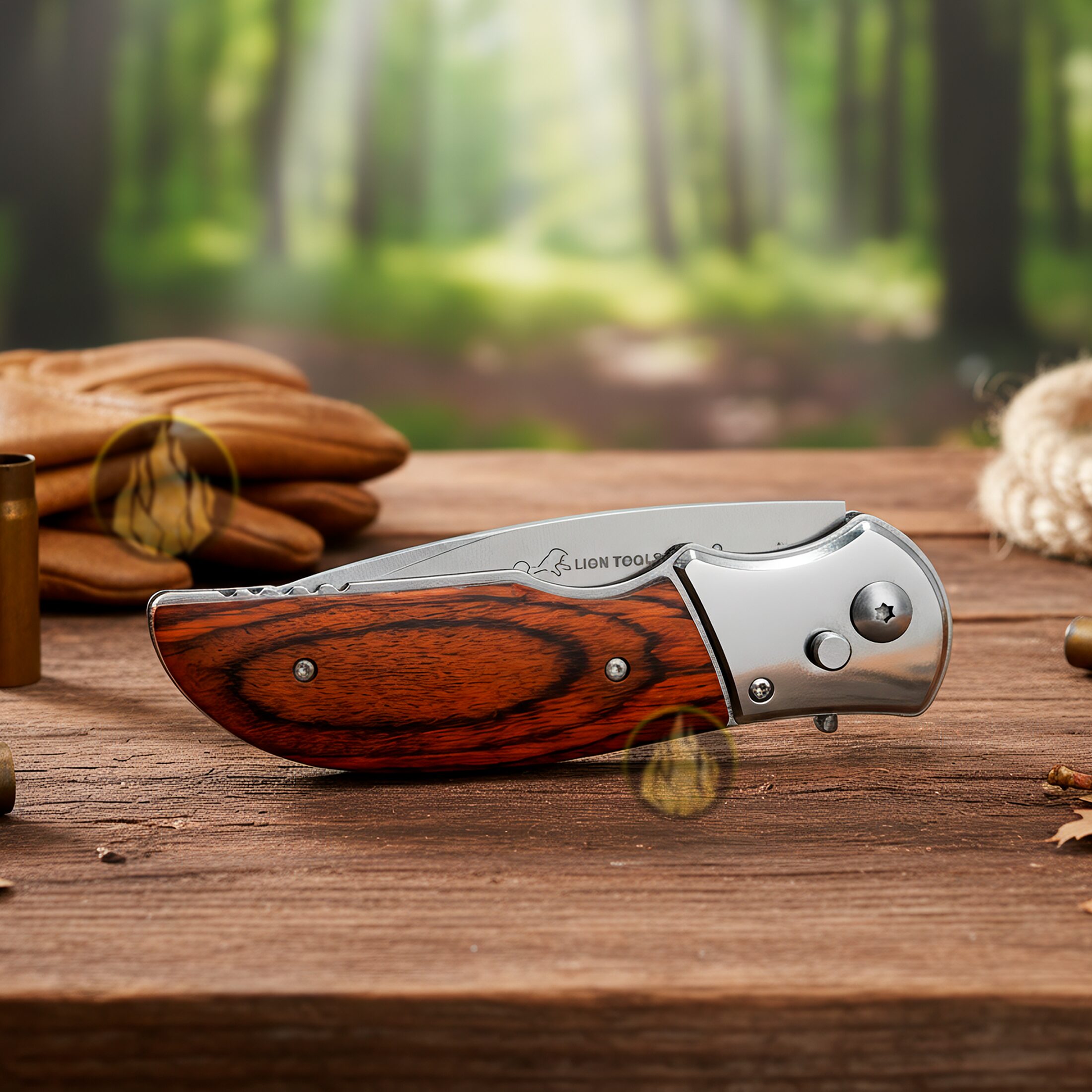 Navaja Cachas De Madera Automática Lion Tools con hoja de acero inoxidable y apertura automática uso rudo Navaja Cachas De Madera Automática marca Lion Tools modelo 9513 con mango de madera y diseño resistente