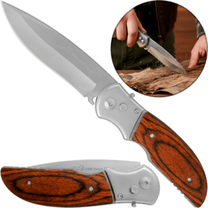 Navaja Cachas De Madera Automática Lion Tools con hoja de acero inoxidable y apertura automática uso rudo Navaja Cachas De Madera Automática marca Lion Tools modelo 9513 con mango de madera y diseño resistente