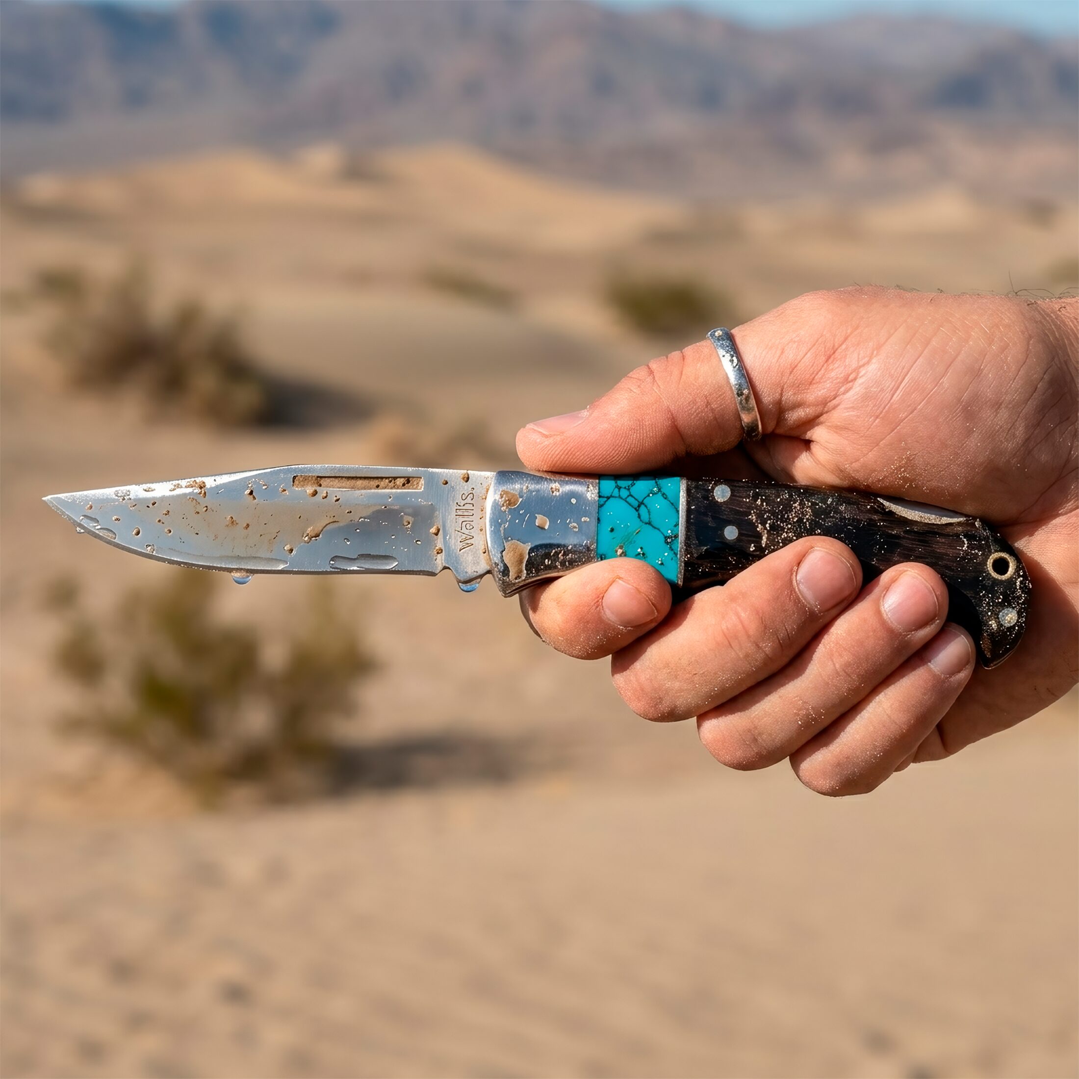 Navaja Cachas De Madera Azul Wallis modelo K903289 con hoja de acero inoxidable y apertura de muelle.