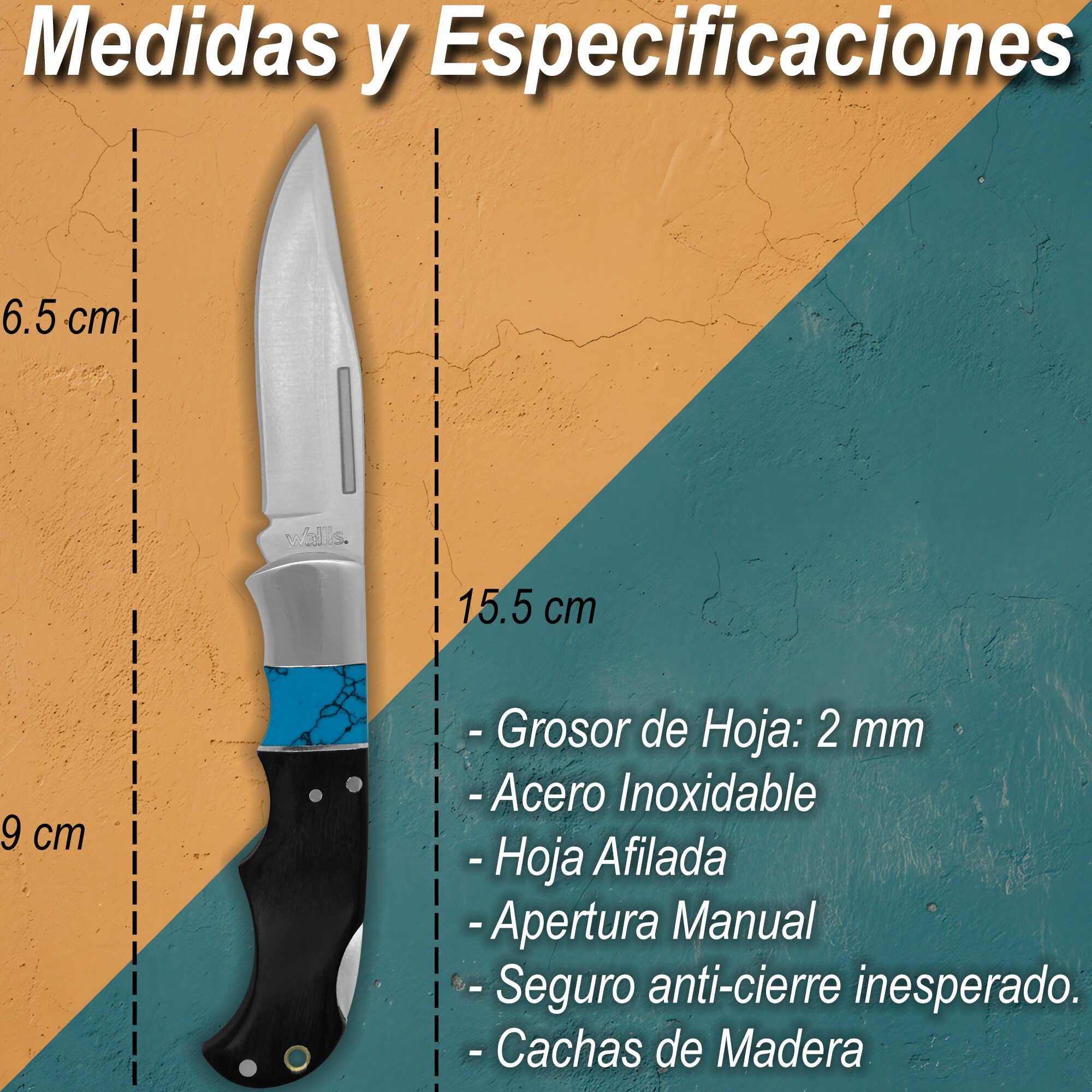 Navaja Cachas De Madera Azul Wallis modelo K903289 con hoja de acero inoxidable y apertura de muelle.