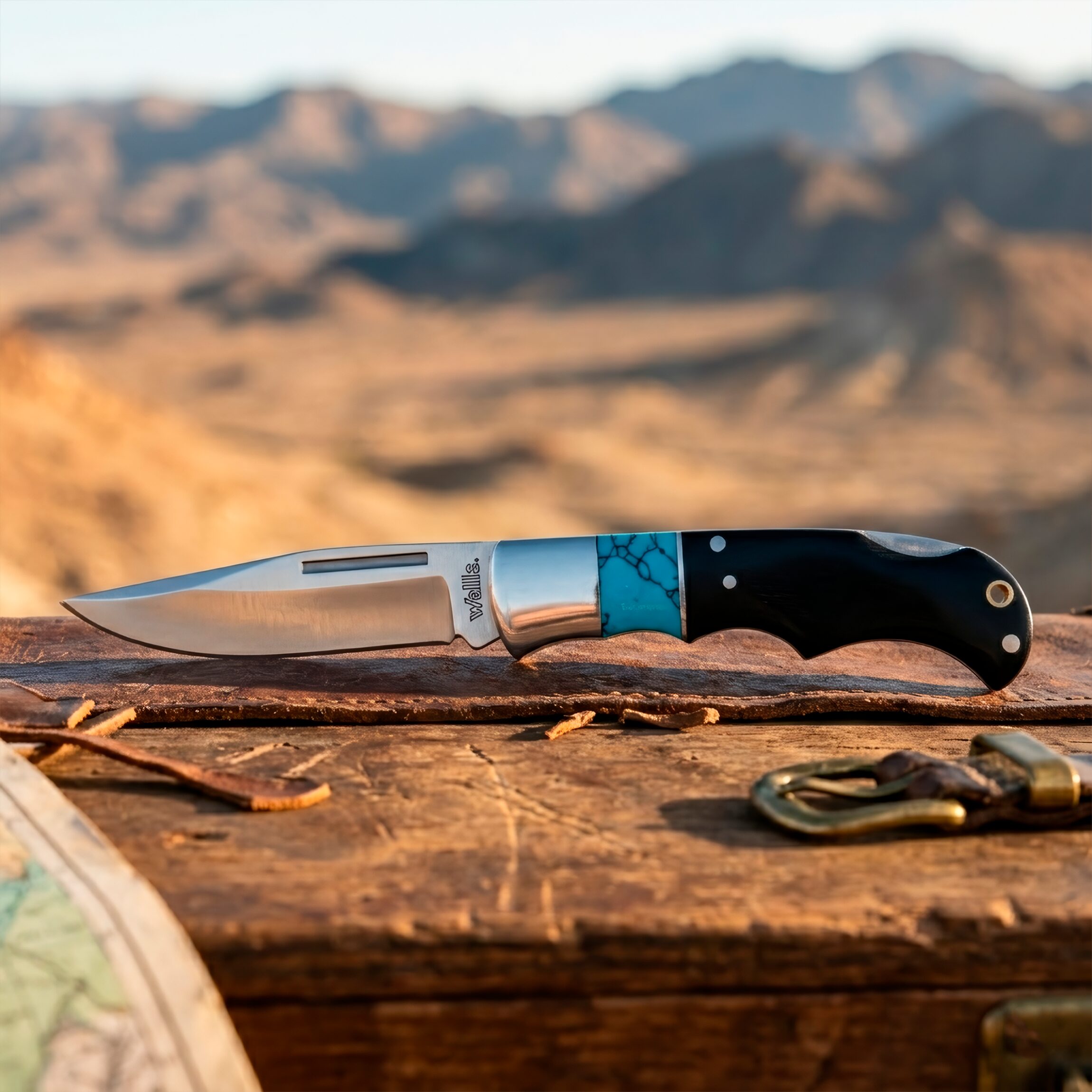 Navaja Cachas De Madera Azul Wallis modelo K903289 con hoja de acero inoxidable y apertura de muelle.