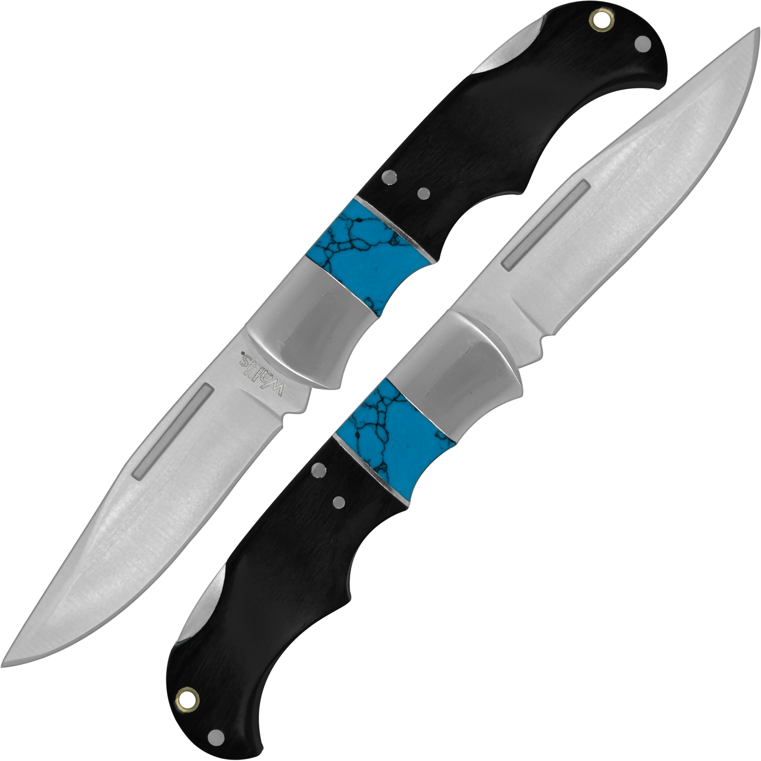 Navaja Cachas De Madera Azul Wallis modelo K903289 con hoja de acero inoxidable y apertura de muelle.