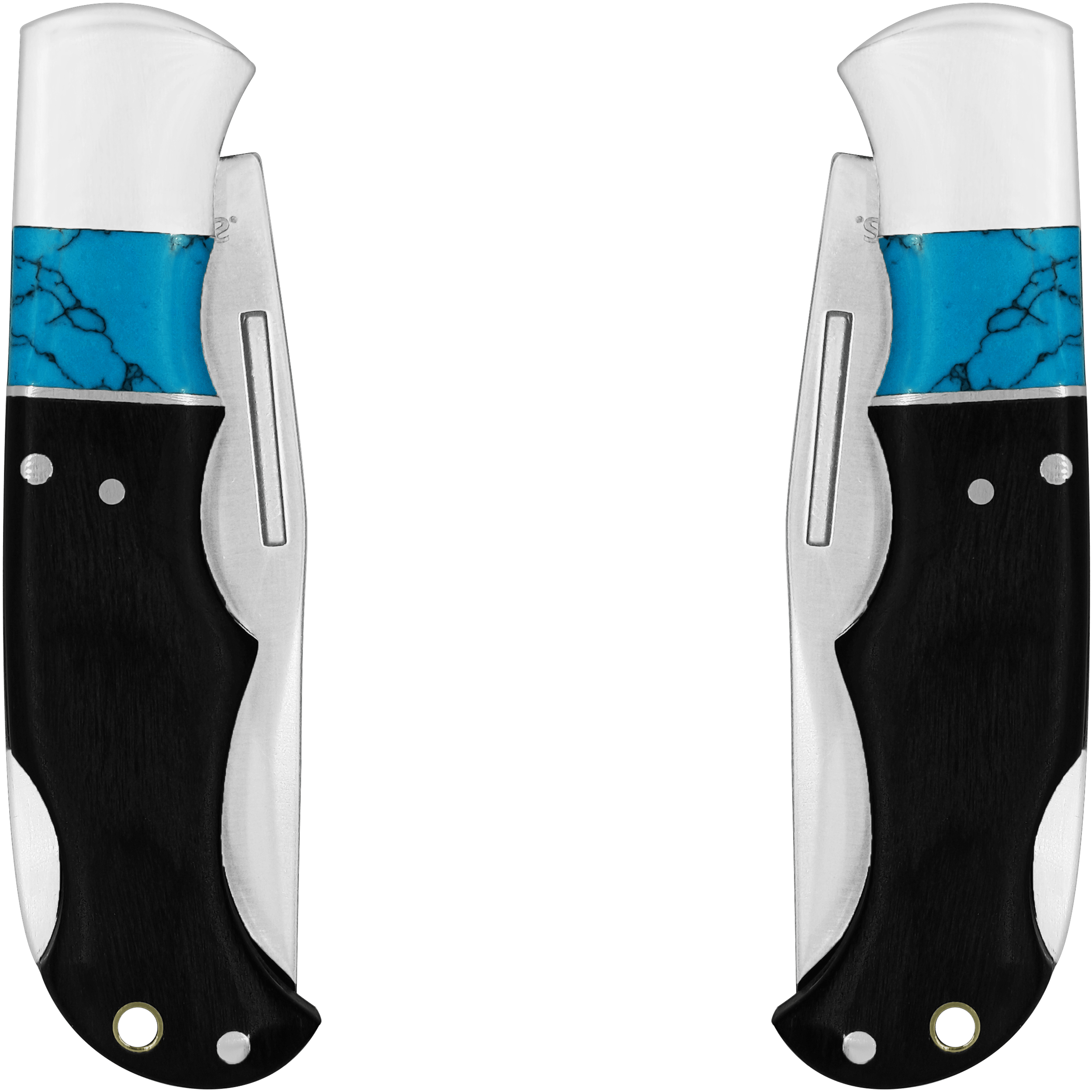 Navaja Cachas De Madera Azul Wallis modelo K903289 con hoja de acero inoxidable y apertura de muelle.