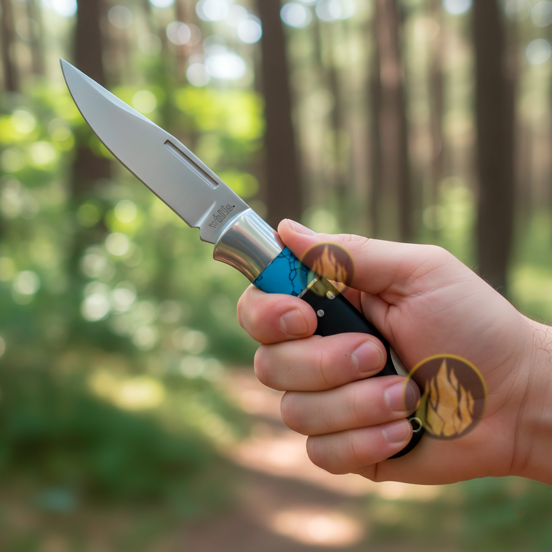 Navaja Cachas De Madera Azul Wallis modelo K903289 con hoja de acero inoxidable y apertura de muelle.