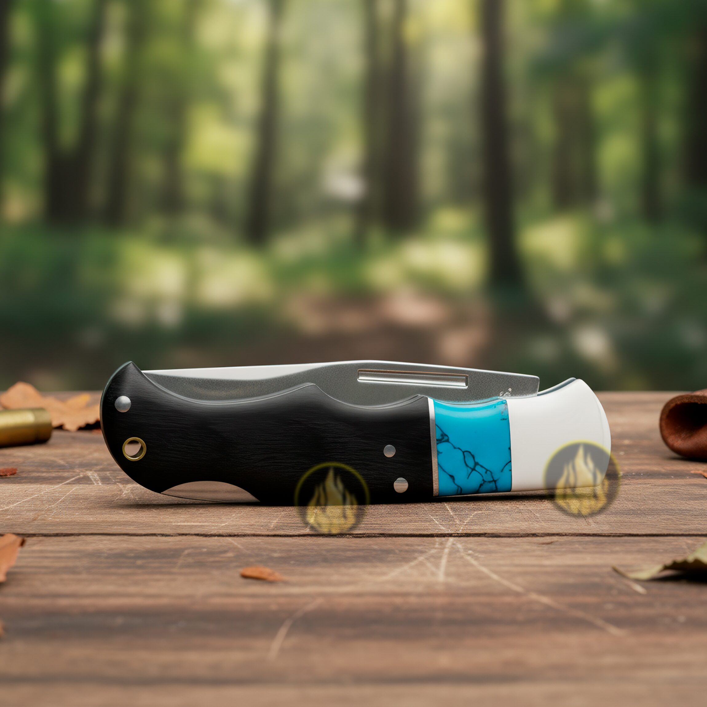 Navaja Cachas De Madera Azul Wallis modelo K903289 con hoja de acero inoxidable y apertura de muelle.