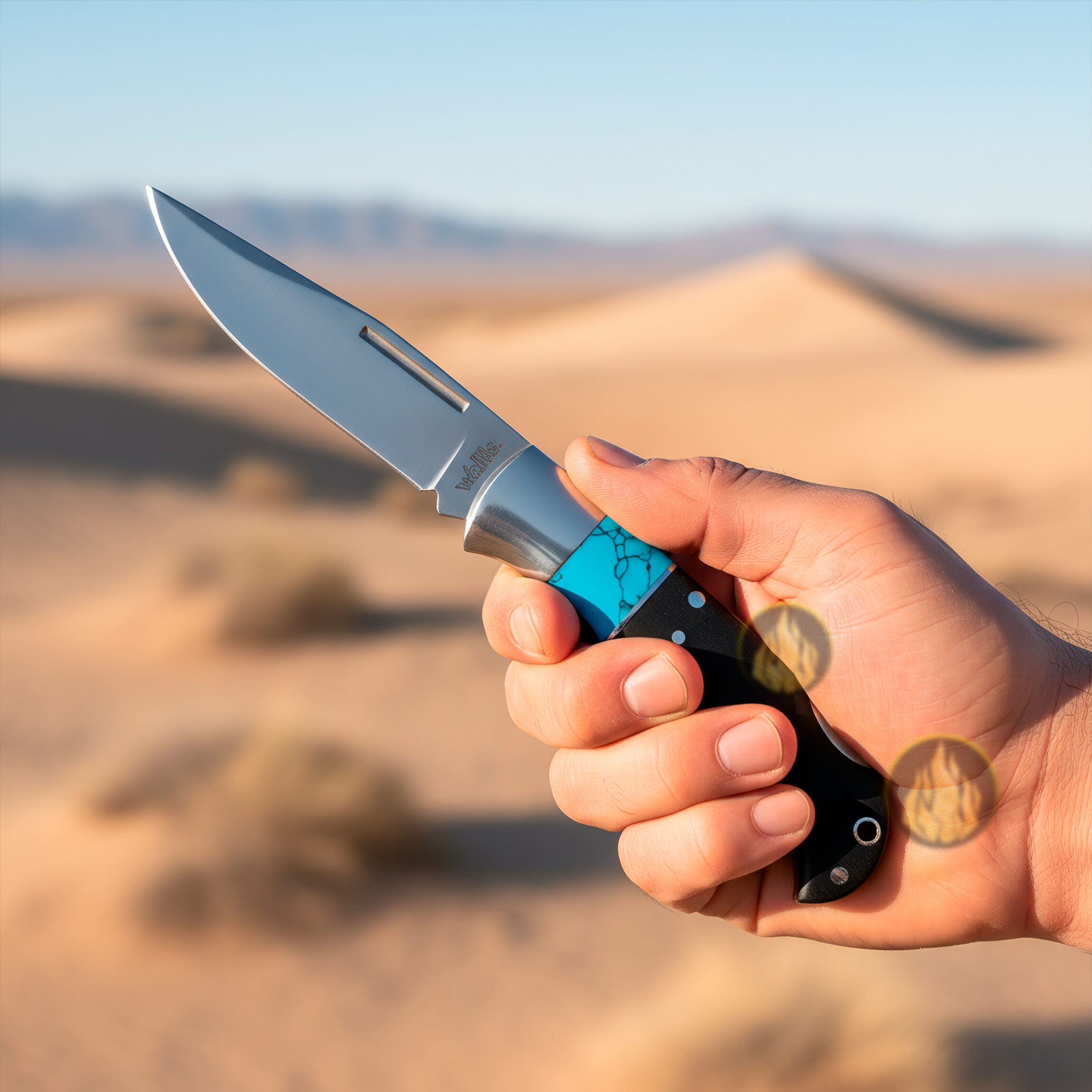 Navaja Cachas De Madera Azul Wallis modelo K903289 con hoja de acero inoxidable y apertura de muelle.