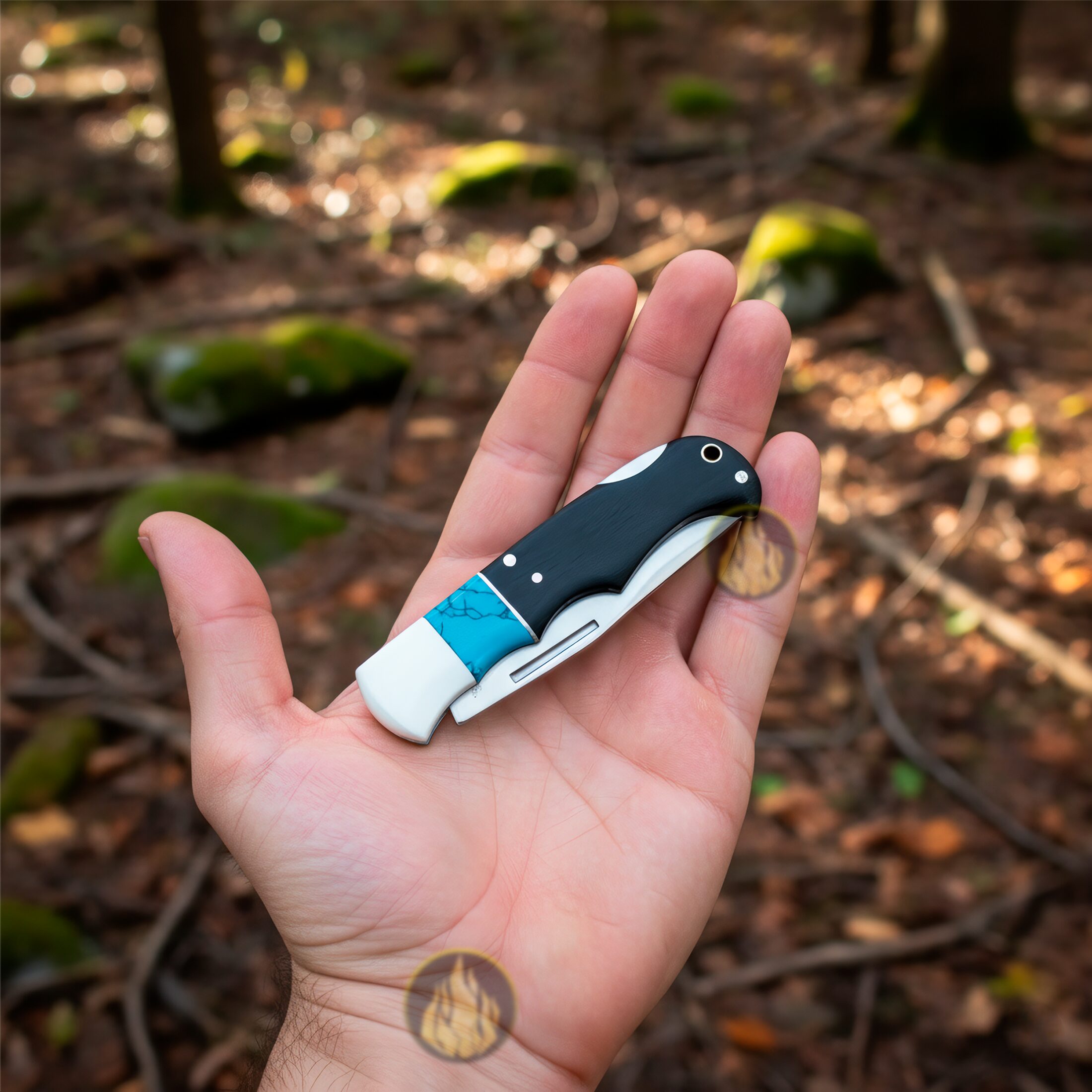 Navaja Cachas De Madera Azul Wallis modelo K903289 con hoja de acero inoxidable y apertura de muelle.