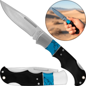 Navaja Cachas De Madera Azul Wallis modelo K903289 con hoja de acero inoxidable y apertura de muelle.