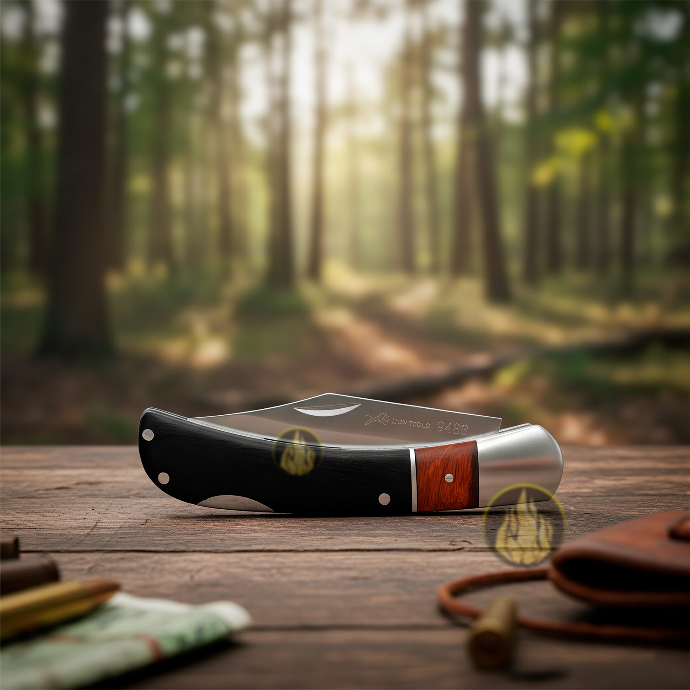 Navaja Cachas De Madera Negra Lion Tools con hoja de acero inoxidable 420 y seguro de muelle anti cierre Navaja Cachas De Madera Negra marca Lion Tools modelo 9483 con apertura manual y diseño para caza