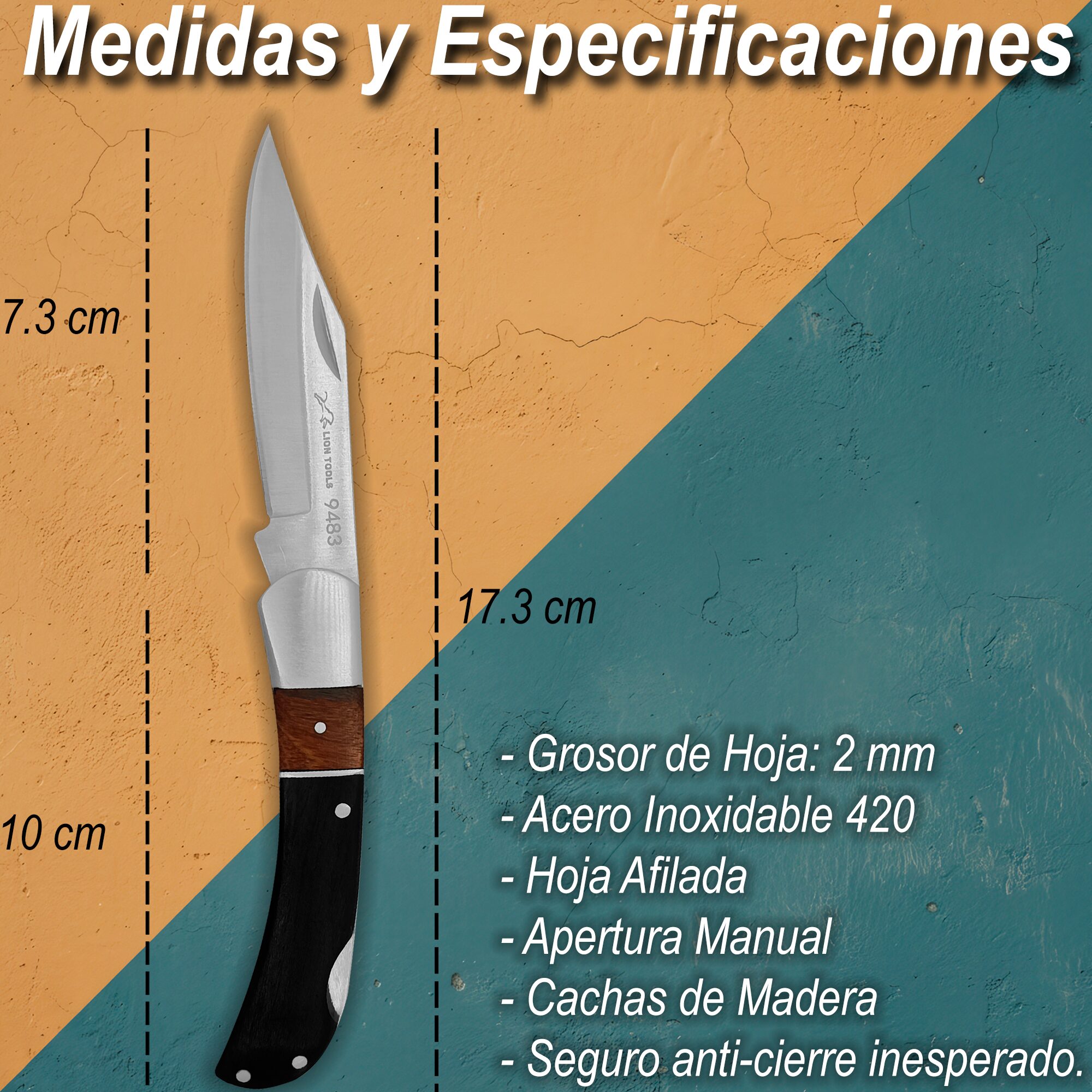 Navaja Cachas De Madera Negra Lion Tools con hoja de acero inoxidable 420 y seguro de muelle anti cierre Navaja Cachas De Madera Negra marca Lion Tools modelo 9483 con apertura manual y diseño para caza