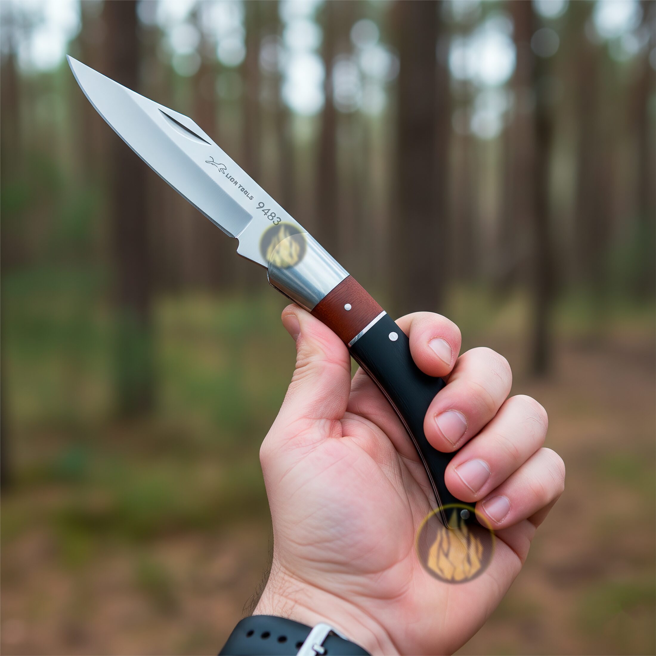 Navaja Cachas De Madera Negra Lion Tools con hoja de acero inoxidable 420 y seguro de muelle anti cierre Navaja Cachas De Madera Negra marca Lion Tools modelo 9483 con apertura manual y diseño para caza