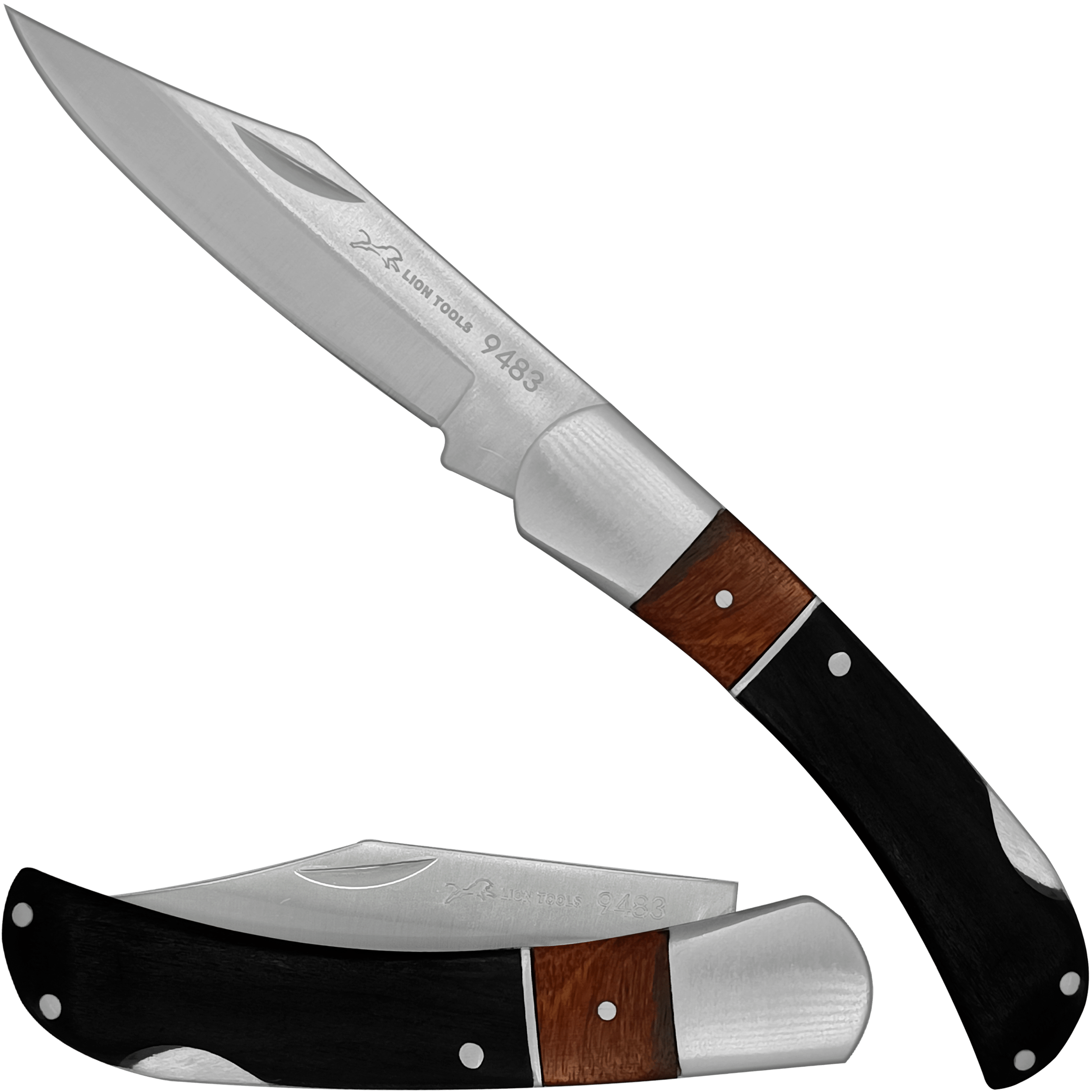 Navaja Cachas De Madera Negra Lion Tools con hoja de acero inoxidable 420 y seguro de muelle anti cierre Navaja Cachas De Madera Negra marca Lion Tools modelo 9483 con apertura manual y diseño para caza