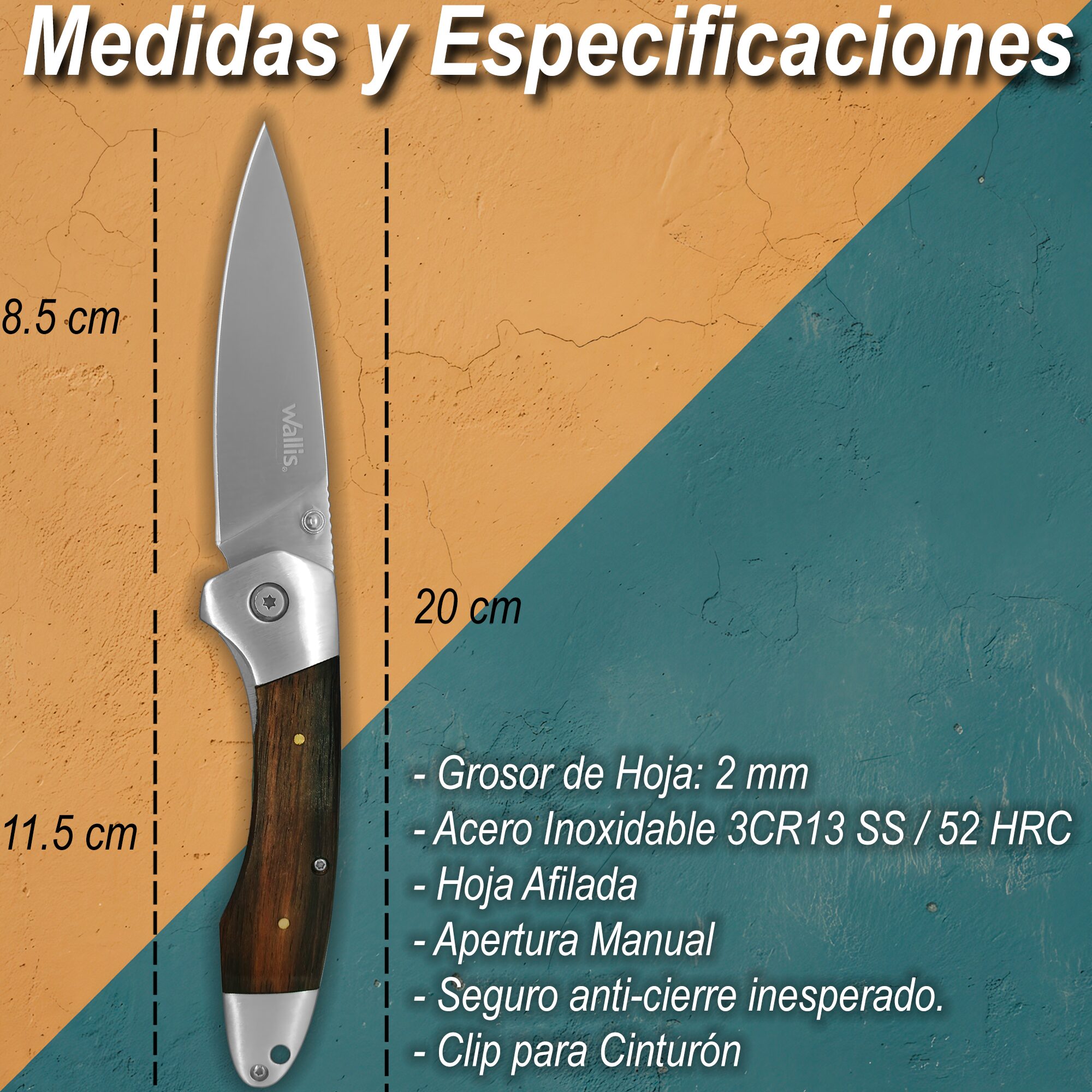 Navaja Cachas De Madera Wallis modelo K901198 con hoja de acero inoxidable 3CR13 y apertura manual.