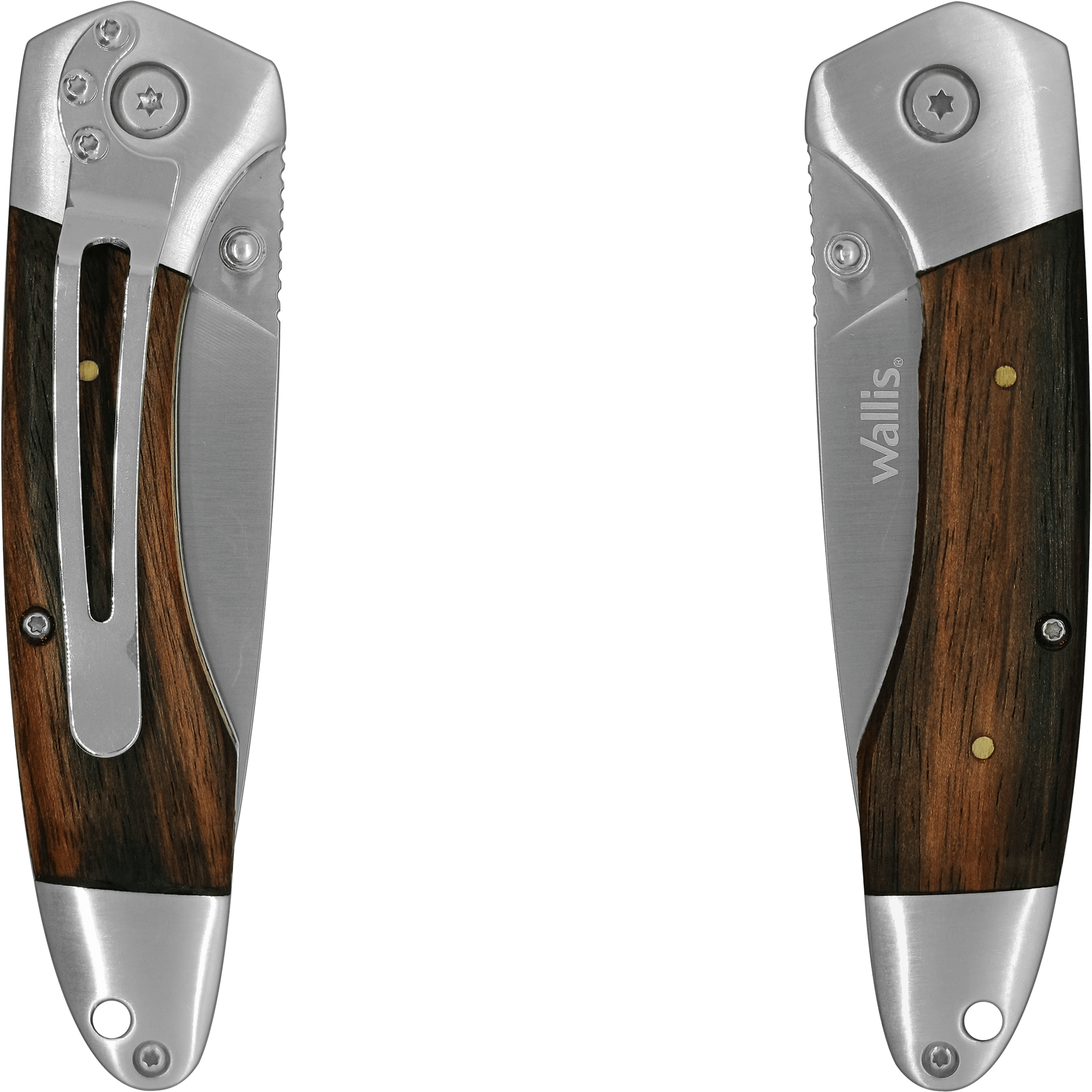 Navaja Cachas De Madera Wallis modelo K901198 con hoja de acero inoxidable 3CR13 y apertura manual.