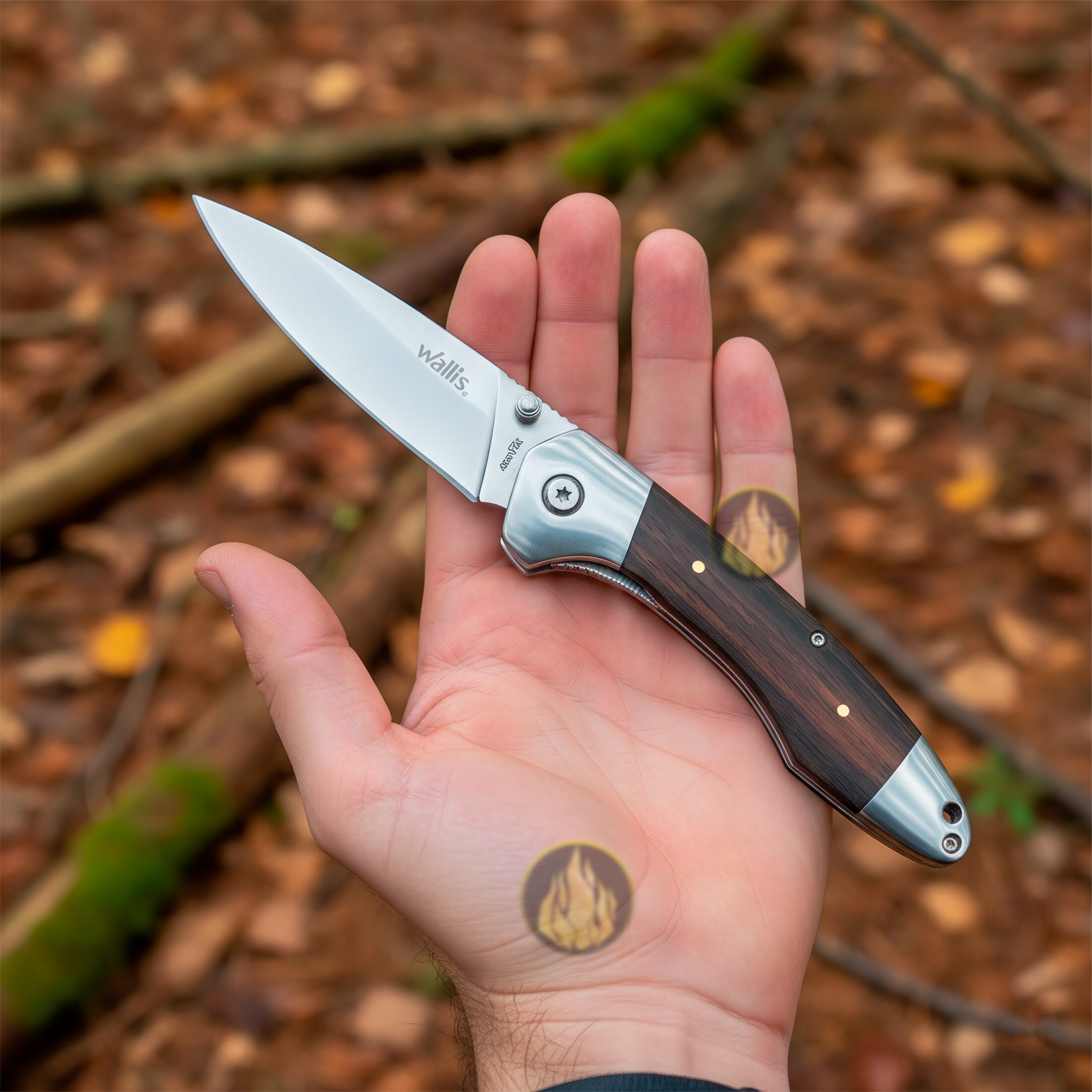 Navaja Cachas De Madera Wallis modelo K901198 con hoja de acero inoxidable 3CR13 y apertura manual.