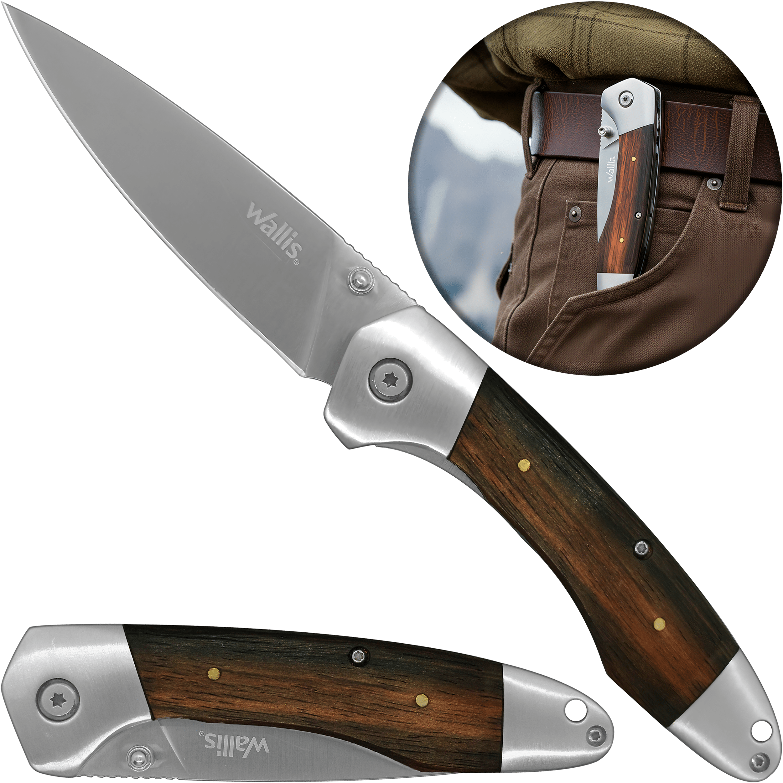 Navaja Cachas De Madera Muelle Uso Rudo Acero Inoxidable EDC