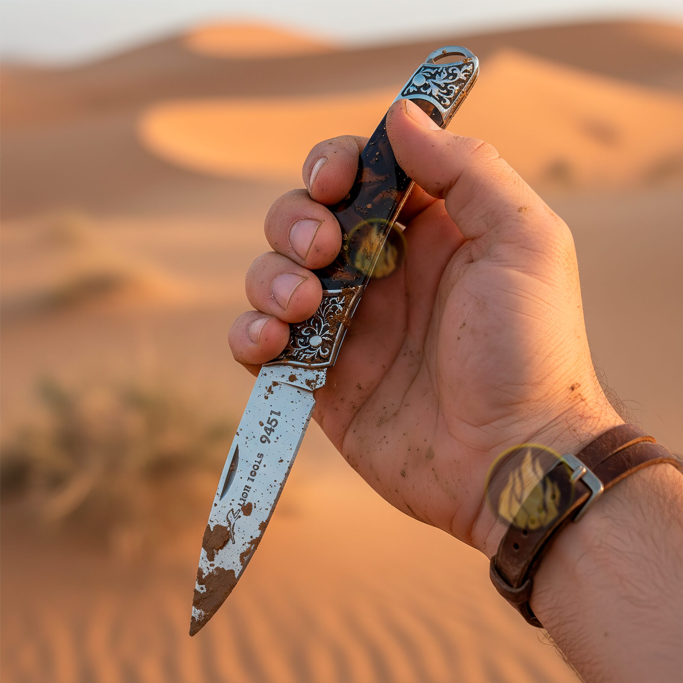 Navaja Cachas Perla Lion Tools color café con hoja de acero inoxidable 420 y bandola para transporte Navaja Cachas Perla marca Lion Tools modelo 9451 con apertura manual y seguro tipo pistón