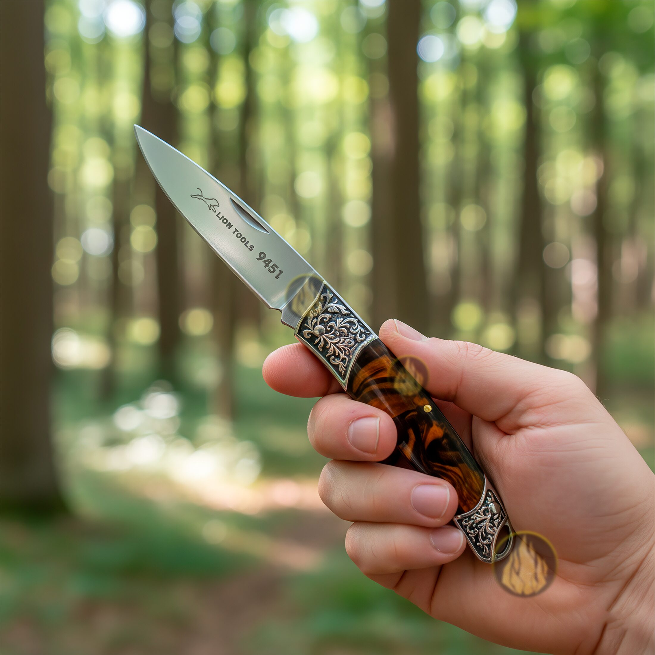 Navaja Cachas Perla Lion Tools color café con hoja de acero inoxidable 420 y bandola para transporte Navaja Cachas Perla marca Lion Tools modelo 9451 con apertura manual y seguro tipo pistón