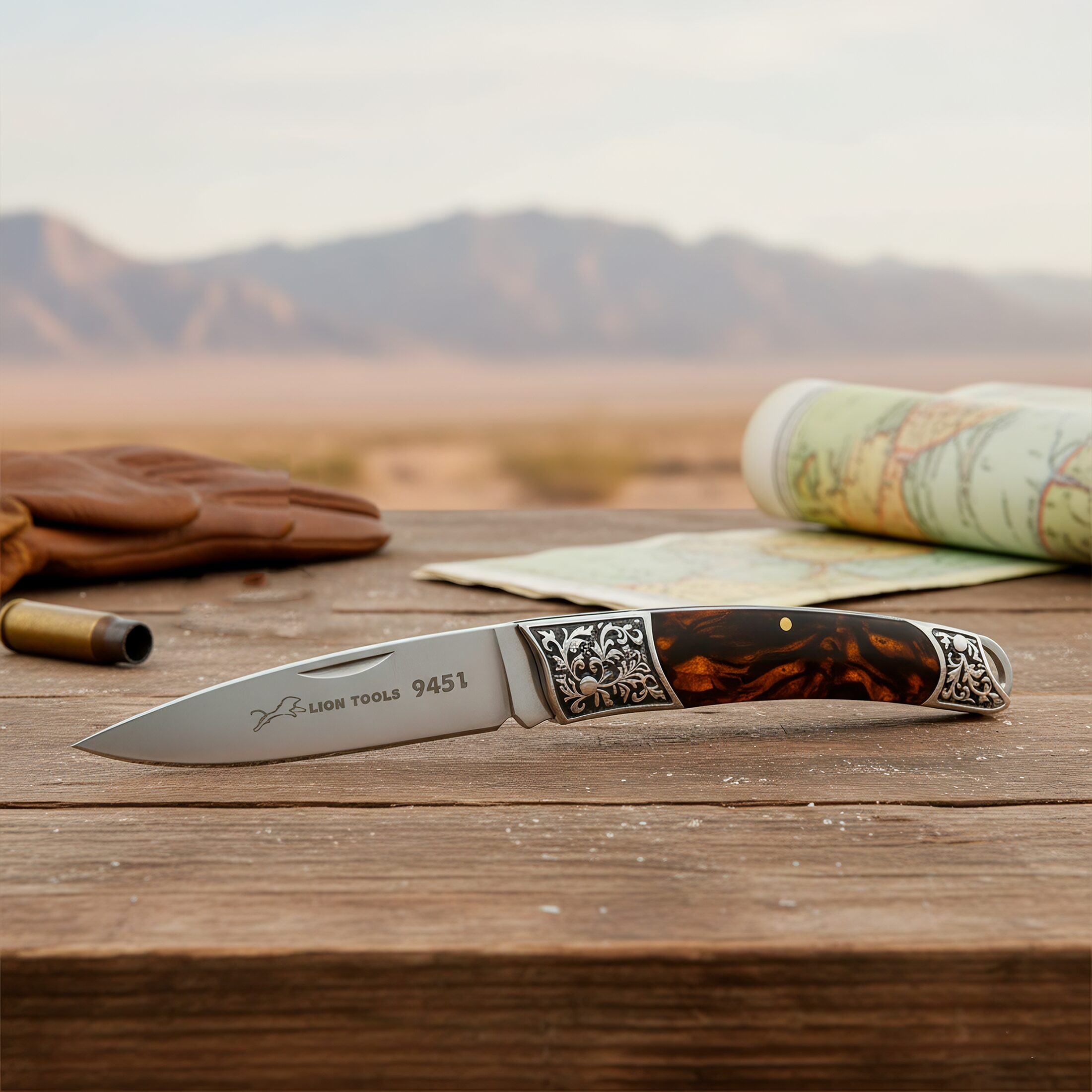 Navaja Cachas Perla Lion Tools color café con hoja de acero inoxidable 420 y bandola para transporte Navaja Cachas Perla marca Lion Tools modelo 9451 con apertura manual y seguro tipo pistón
