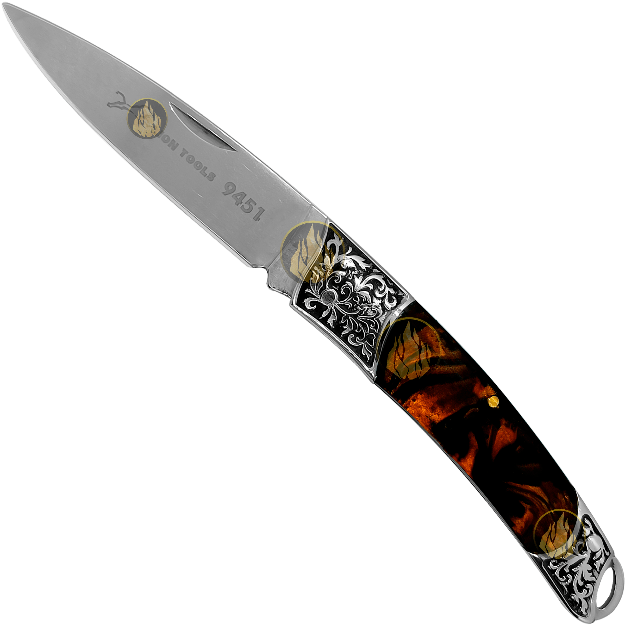 Navaja Cachas Perla Lion Tools color café con hoja de acero inoxidable 420 y bandola para transporte Navaja Cachas Perla marca Lion Tools modelo 9451 con apertura manual y seguro tipo pistón