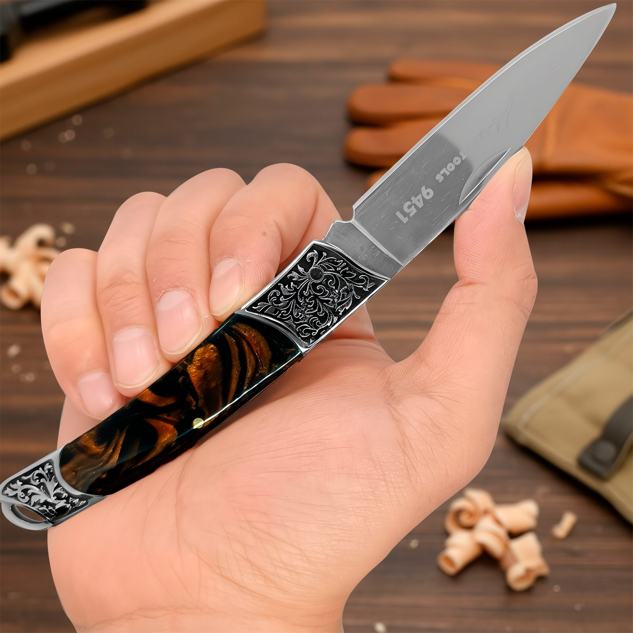 Navaja Cachas Perla Lion Tools color café con hoja de acero inoxidable 420 y bandola para transporte Navaja Cachas Perla marca Lion Tools modelo 9451 con apertura manual y seguro tipo pistón