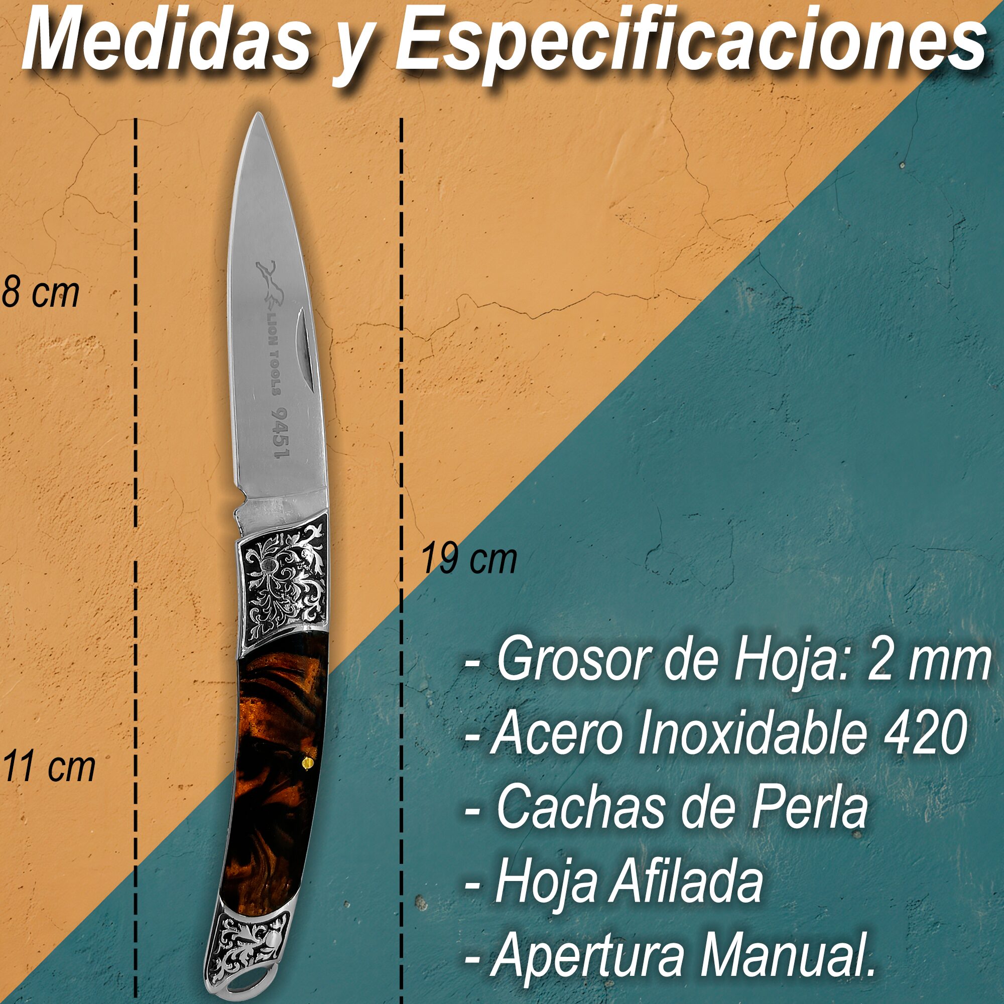 Navaja Cachas Perla Lion Tools color café con hoja de acero inoxidable 420 y bandola para transporte Navaja Cachas Perla marca Lion Tools modelo 9451 con apertura manual y seguro tipo pistón