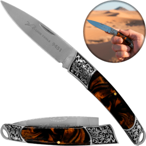 Navaja Cachas Perla Lion Tools color café con hoja de acero inoxidable 420 y bandola para transporte Navaja Cachas Perla marca Lion Tools modelo 9451 con apertura manual y seguro tipo pistón