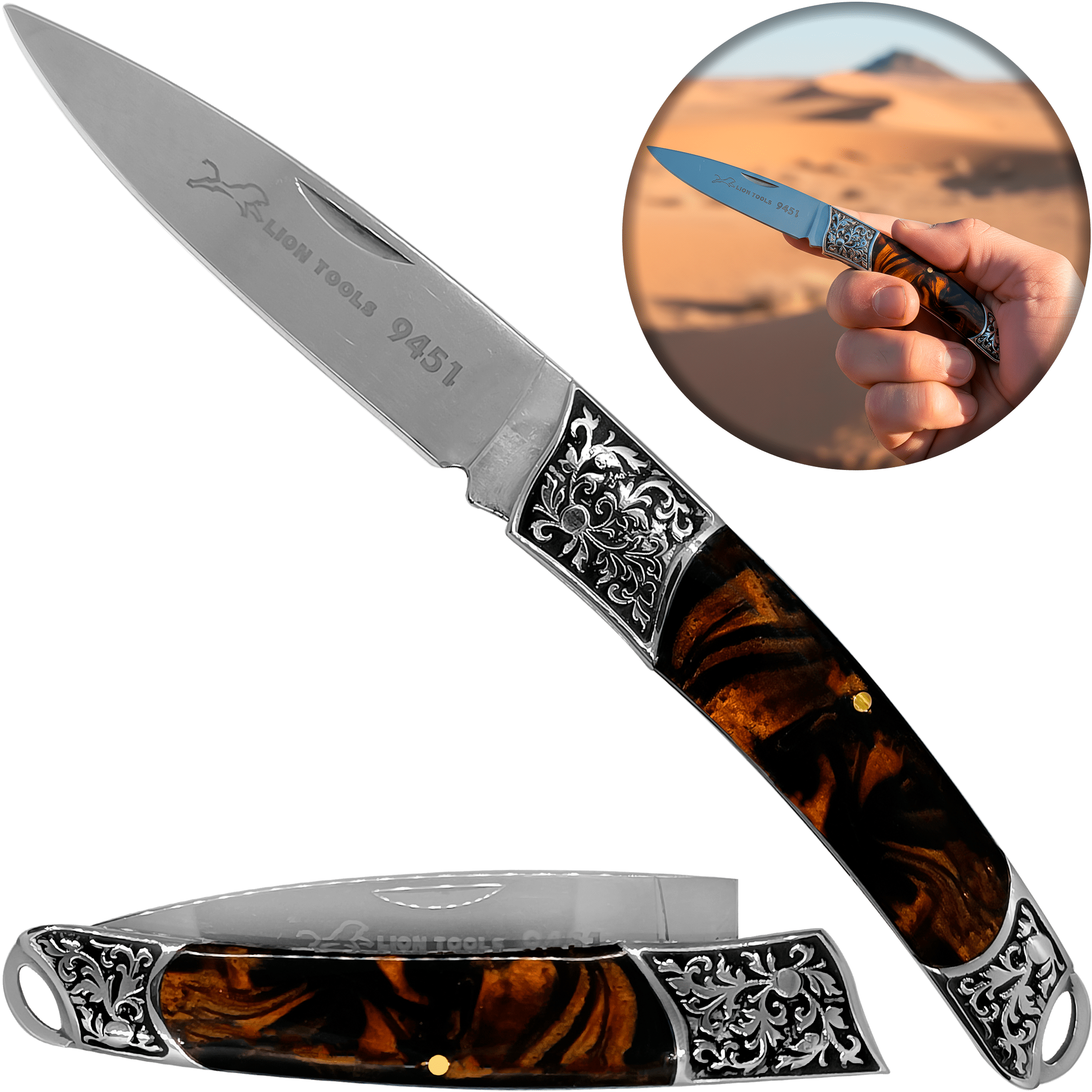 Navaja Cachas Perla Lion Tools color café con hoja de acero inoxidable 420 y bandola para transporte Navaja Cachas Perla marca Lion Tools modelo 9451 con apertura manual y seguro tipo pistón