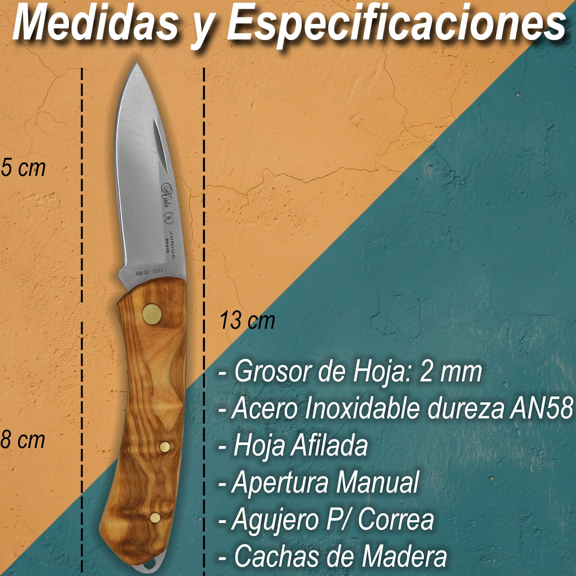 Navaja Campera Artesanal Miguel Nieto modelo 394 Junior con hoja de acero inoxidable AN58 y cachas de madera.