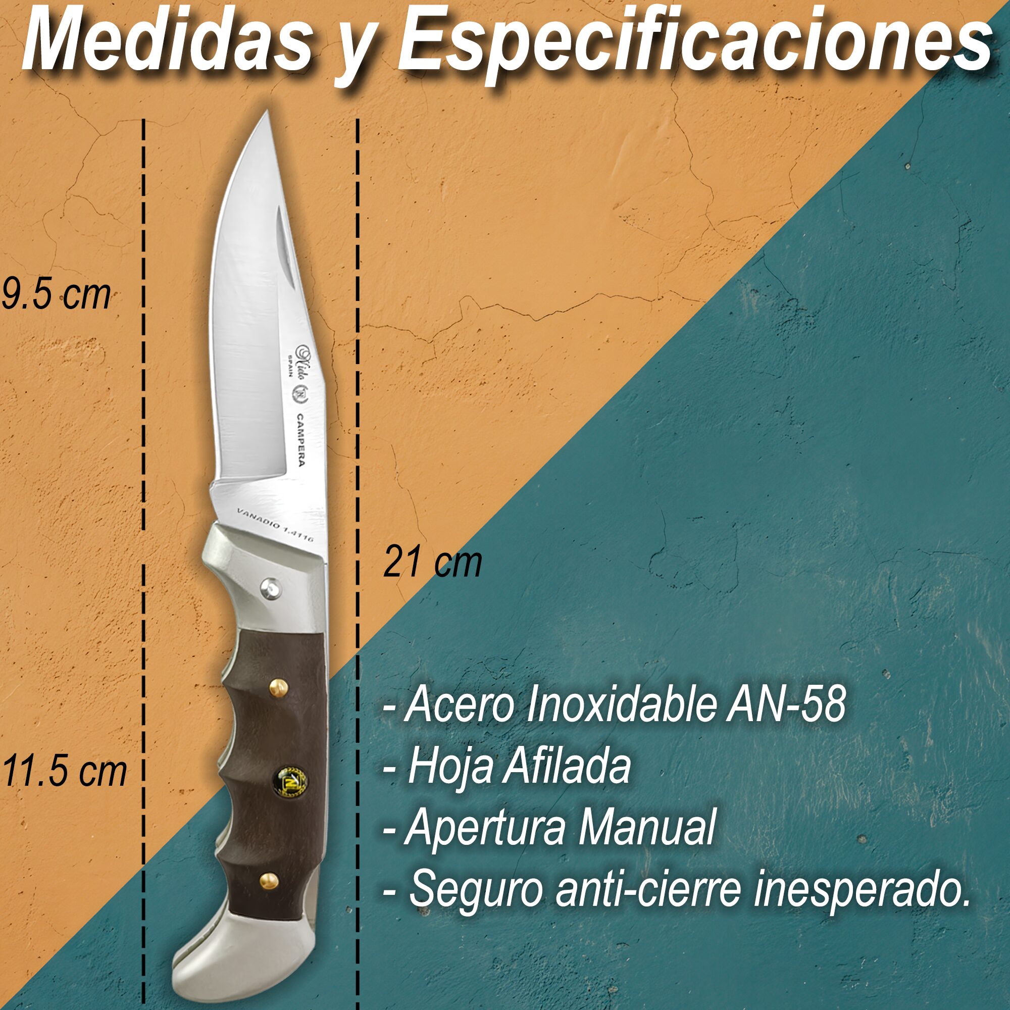 Navaja Campera Artesanal Miguel Nieto modelo 710 con hoja de acero inoxidable AN58 y seguro de muelle.
