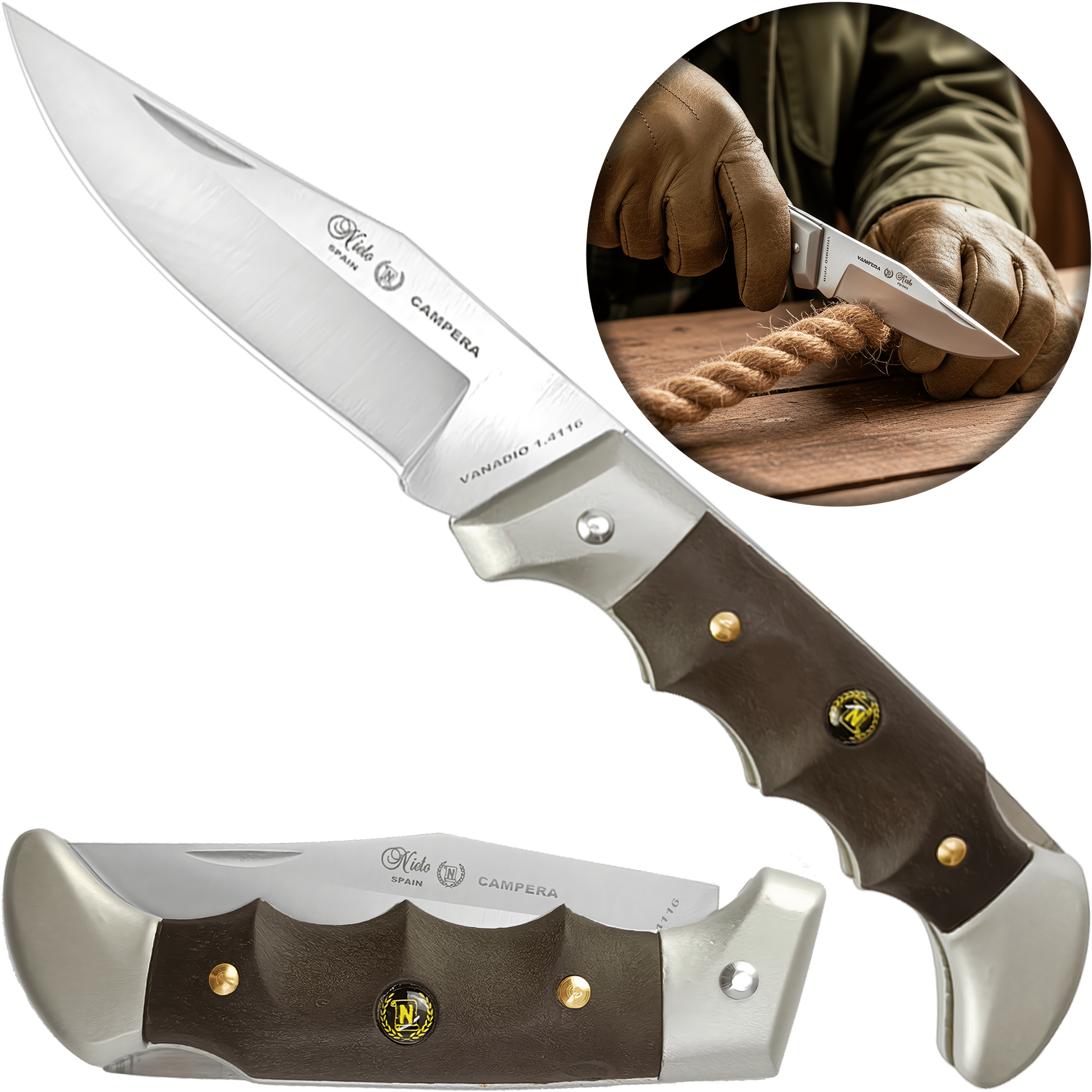 Navaja Campera Artesanal Miguel Nieto modelo 710 con hoja de acero inoxidable AN58 y seguro de muelle.