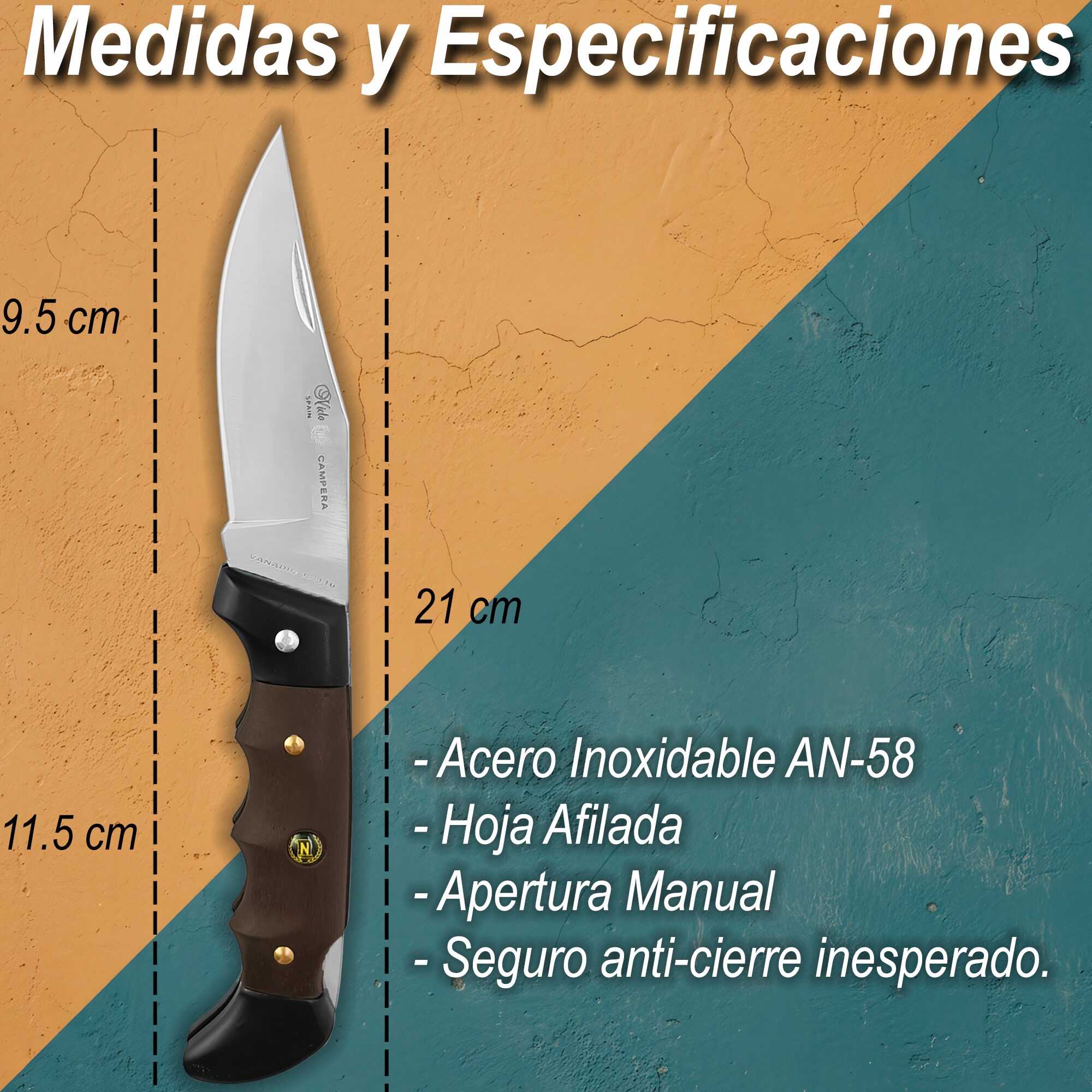 Navaja Campera Artesanal Miguel Nieto modelo 720 con hoja de acero inoxidable AN58 y seguro de muelle.