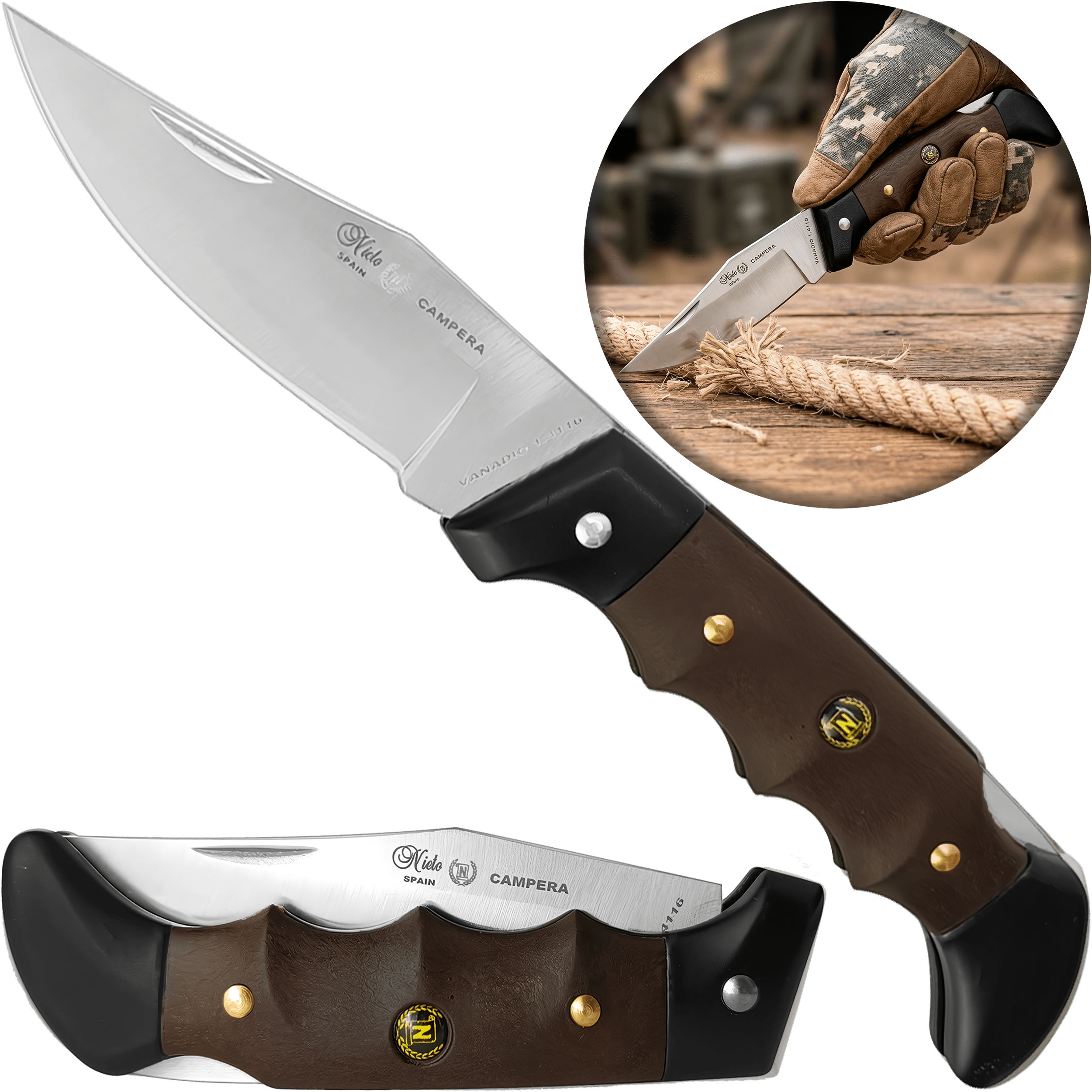 Navaja Campera Artesanal Miguel Nieto modelo 720 con hoja de acero inoxidable AN58 y seguro de muelle.