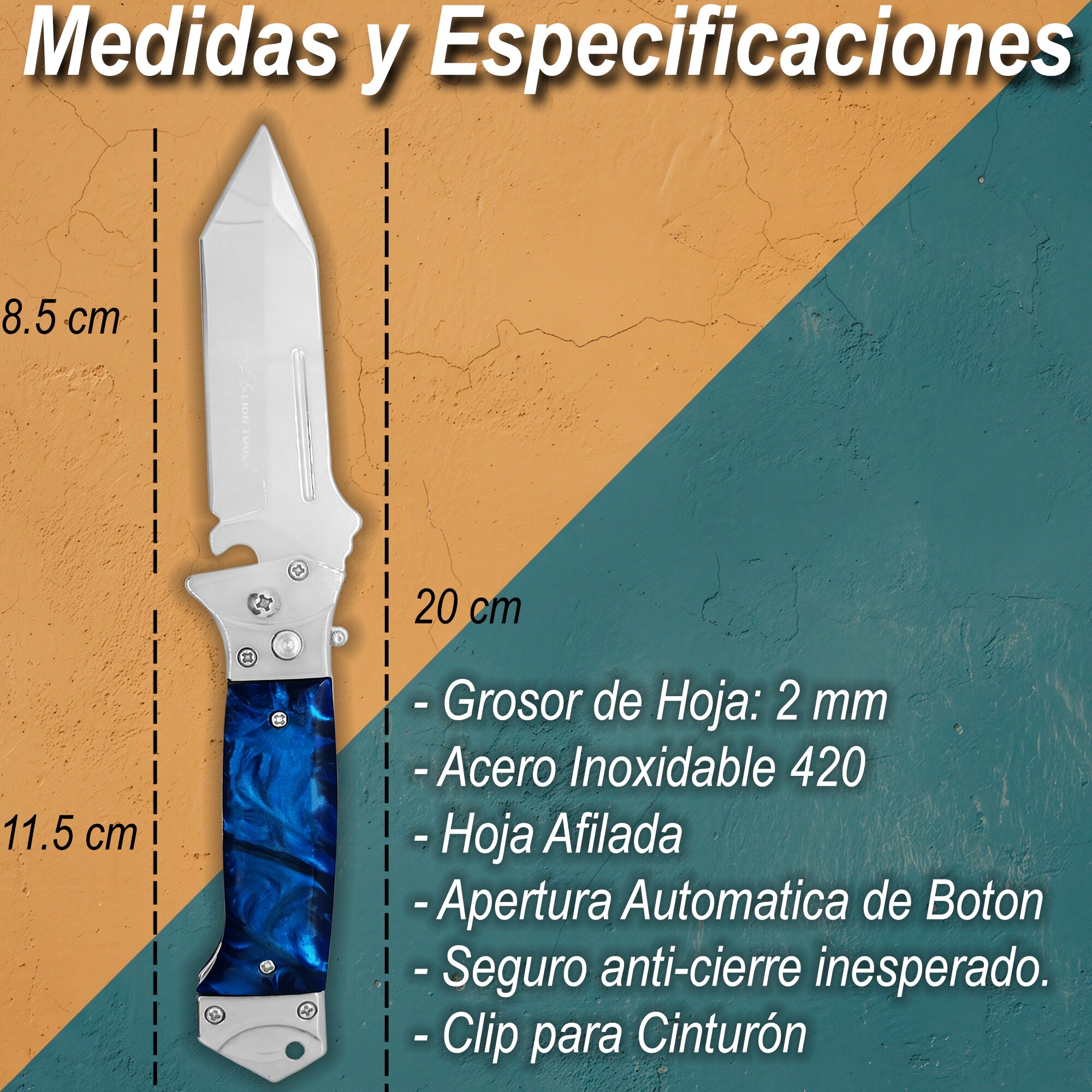 Navaja Tactica Uso Rudo Campismo Lion Tools color azul con hoja de acero inoxidable 420 y clip para cinturón. Navaja Tactica Uso Rudo Campismo marca Lion Tools modelo 7085 con hoja afilada de 8.5 cm y diseño plegable.