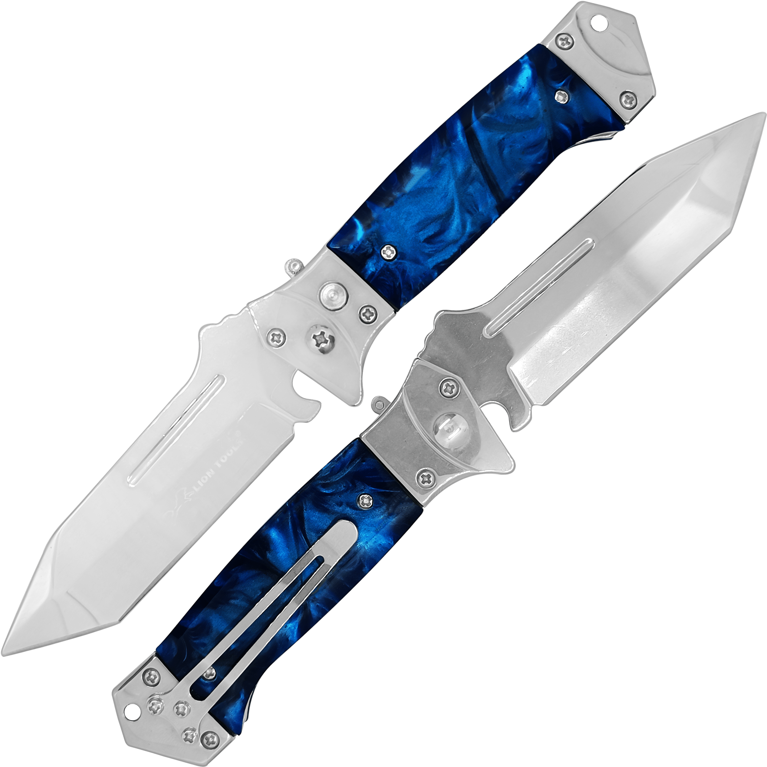 Navaja Tactica Uso Rudo Campismo Lion Tools color azul con hoja de acero inoxidable 420 y clip para cinturón. Navaja Tactica Uso Rudo Campismo marca Lion Tools modelo 7085 con hoja afilada de 8.5 cm y diseño plegable.